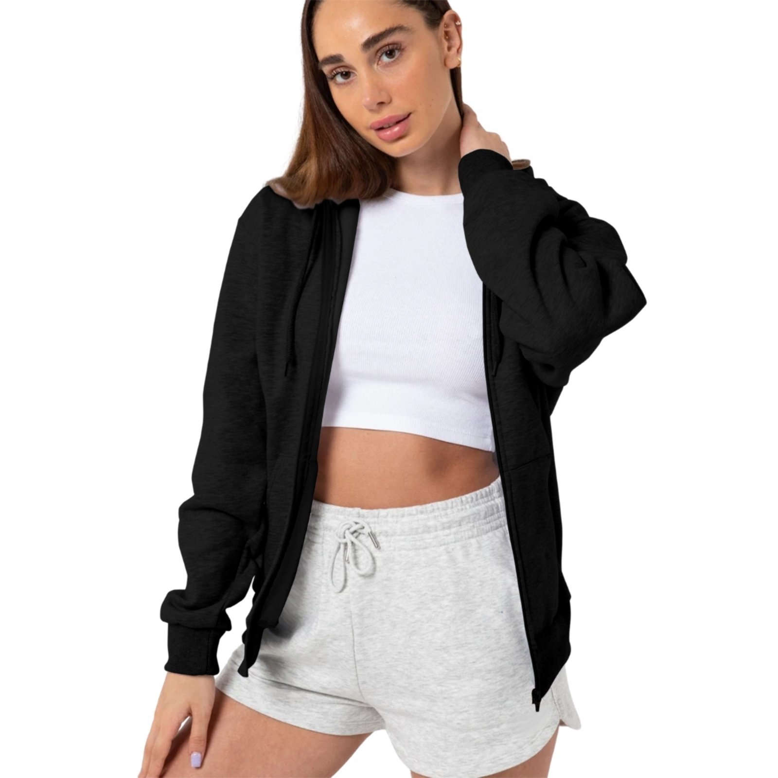 Vista 2 Blusa Moletom Feminina de Zíper Com Capuz e Bolso Canguru 2 Cores Estilo Casual Liso Relaxado preto Relaxado preto