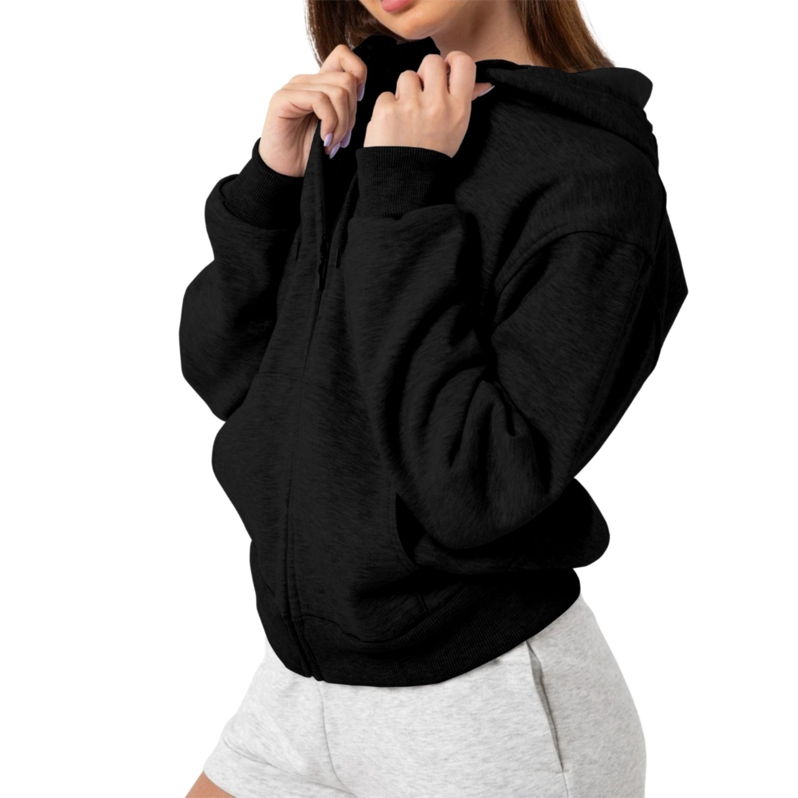 Vista 3 Blusa Moletom Feminina de Zíper Com Capuz e Bolso Canguru 2 Cores Estilo Casual Liso Relaxado preto Relaxado preto