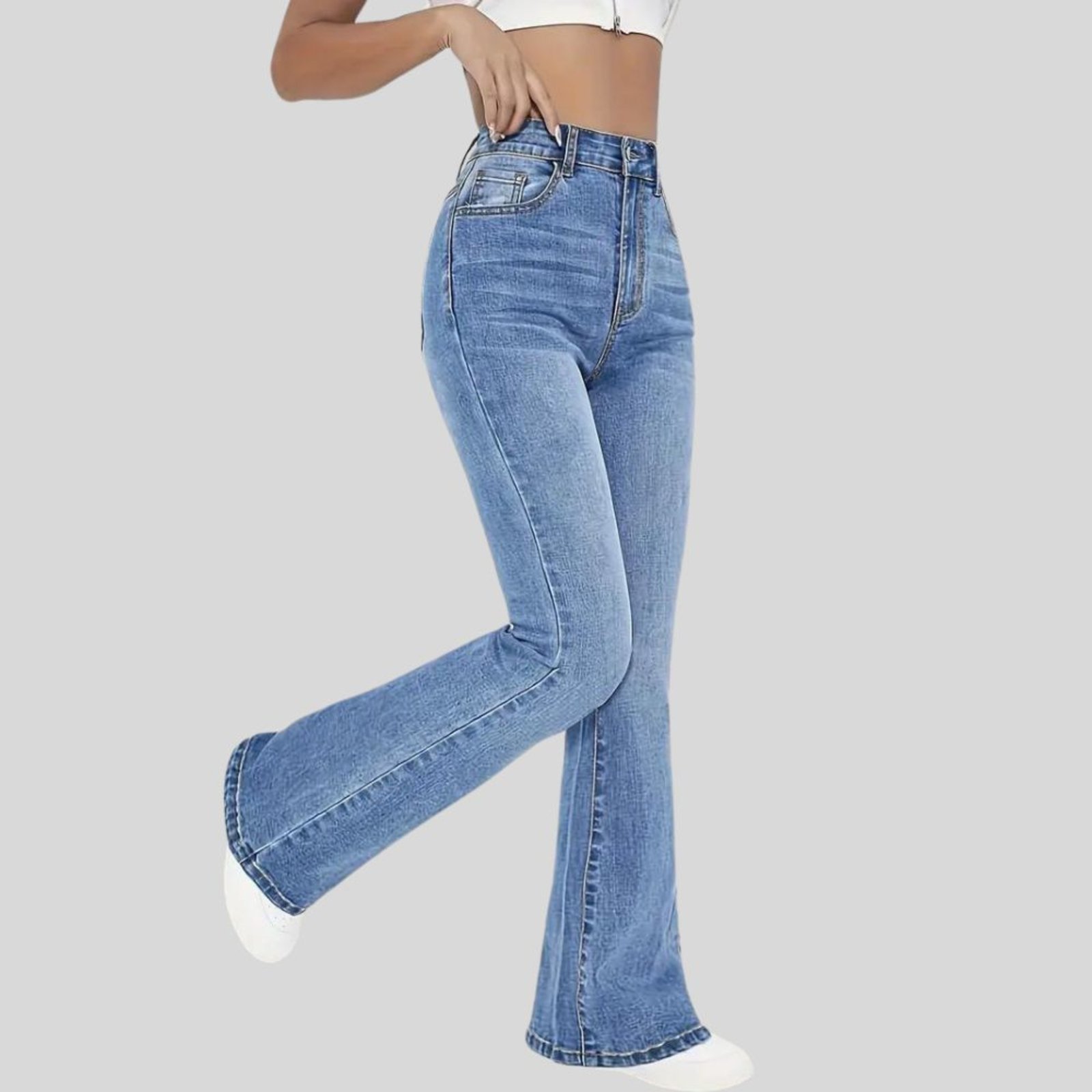 Calça Flare Jeans Feminina Text Jeans Boca de Sino Cintura Alta Modeladora Azul Claro