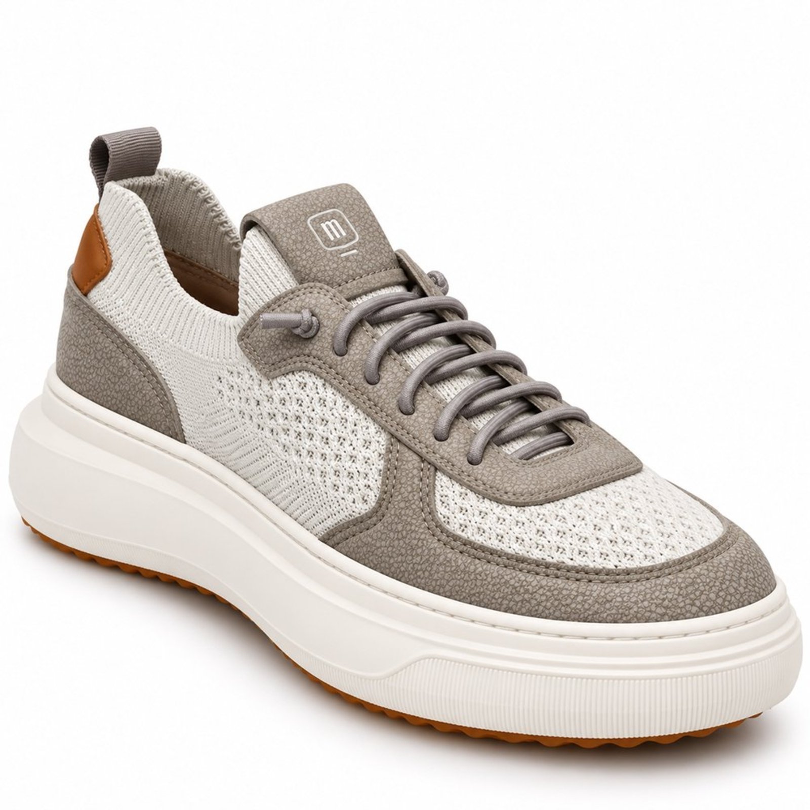 Tênis Masculino Casual Knit em Couro Cadarço Elástico Slip On