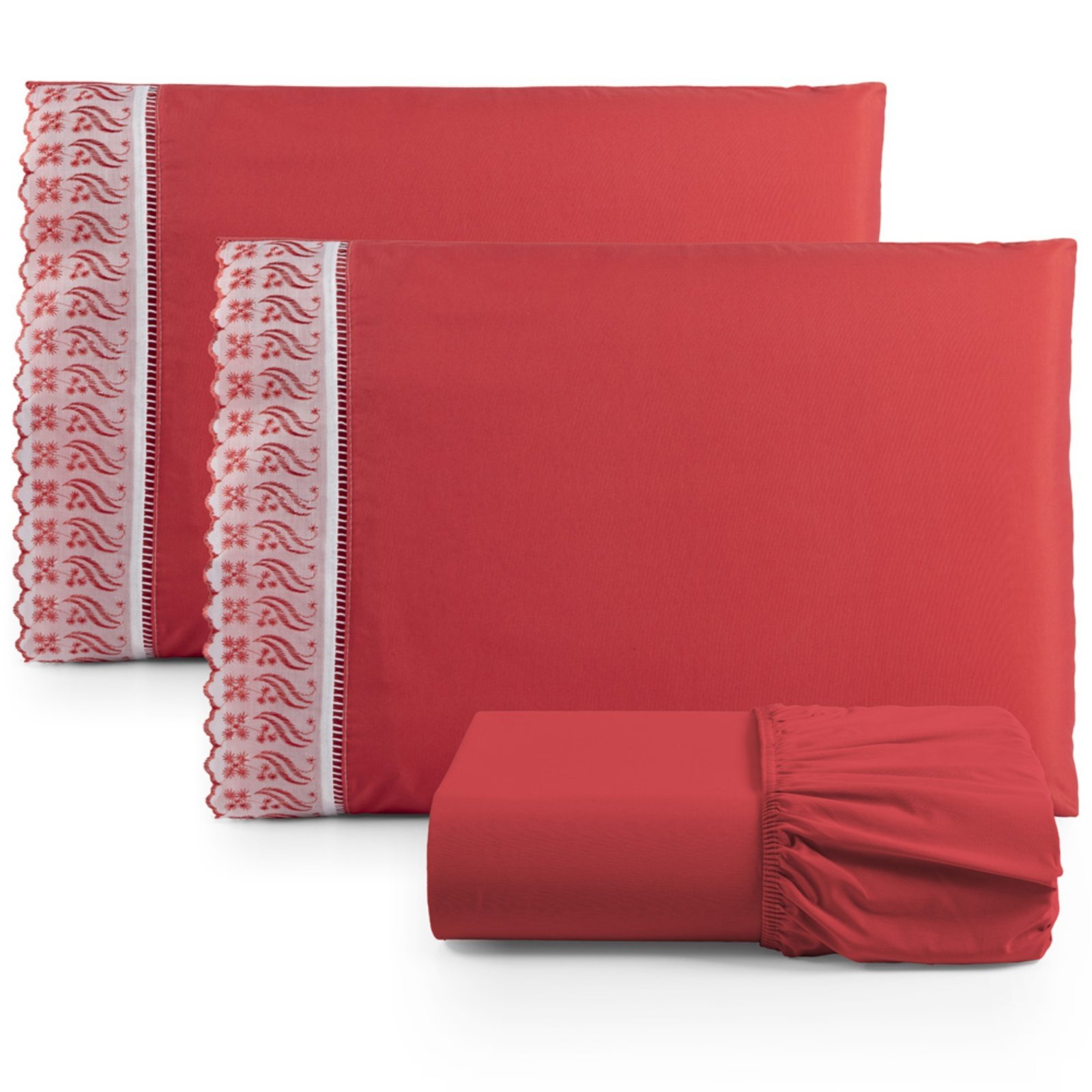 Jogo Cama Lençol Casa Scarpa Paris Queen Percal 180 Fios Algodão Lese Bordada 3 Peças - Vermelho