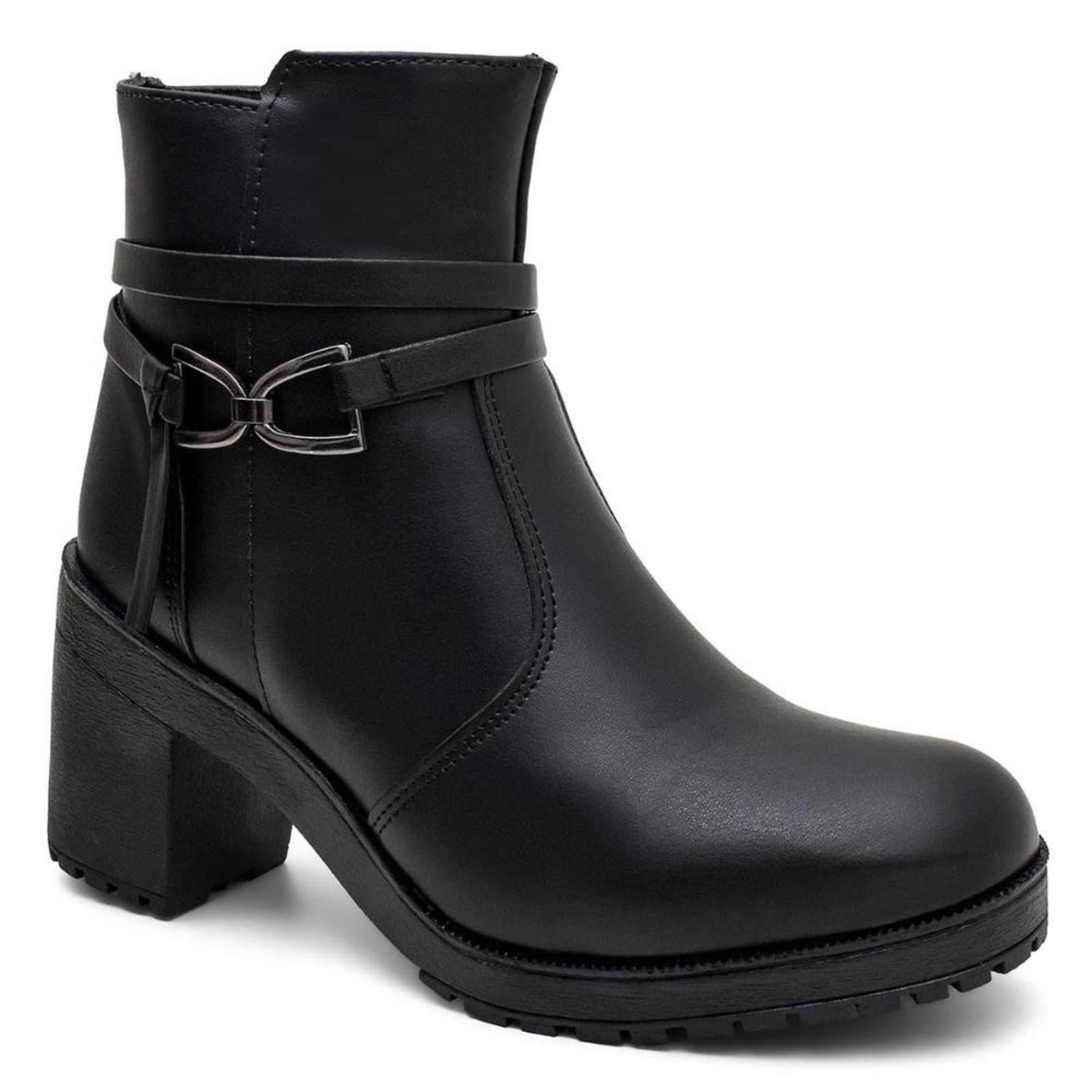 Bota Feminina Cano Curto Salto Grosso Tratorada Moda Inverno Preto
