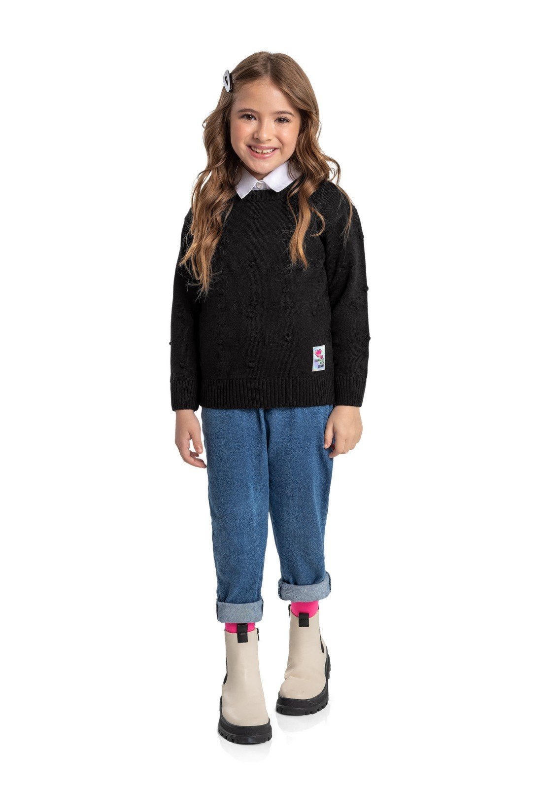 Infantil - Blusão Manga Longa em Tricot Menina Quimby Preto