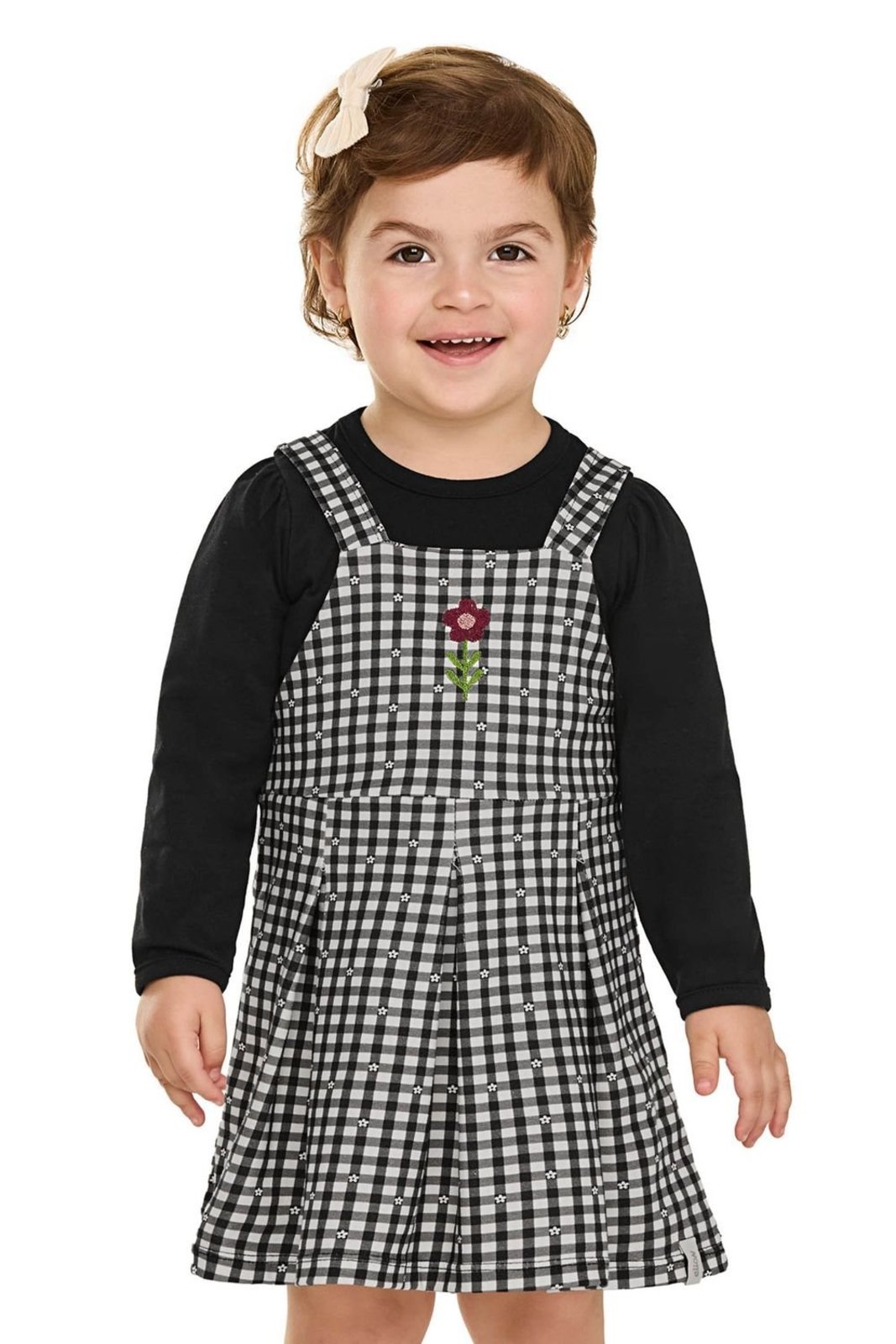 Infantil - Conjunto Menina Xadrez Bordado Elian Preto