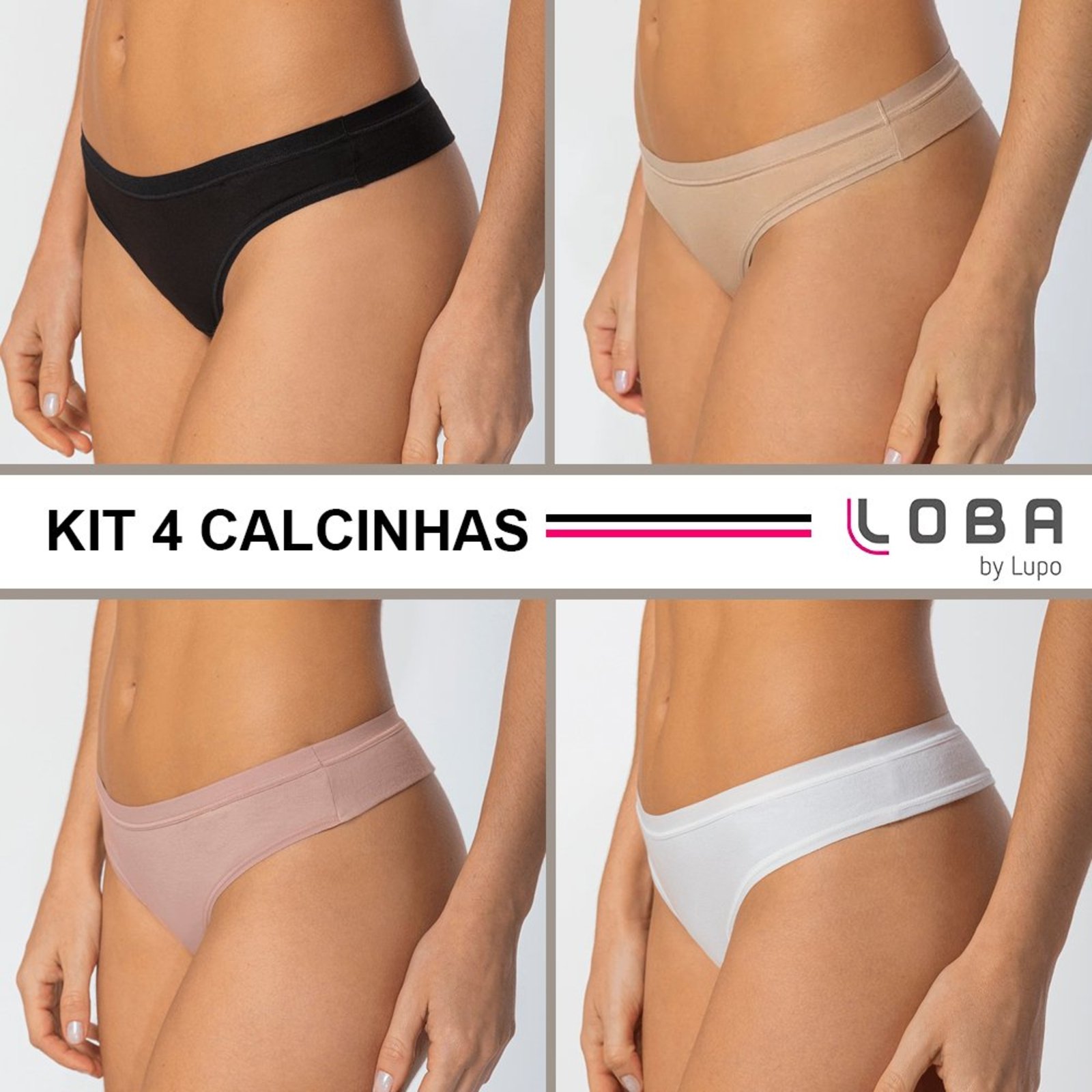 Kit 04 Calcinha Loba Fio Dental Algodão Com Elastano Cor: Preto- Branco- Natural- Nude