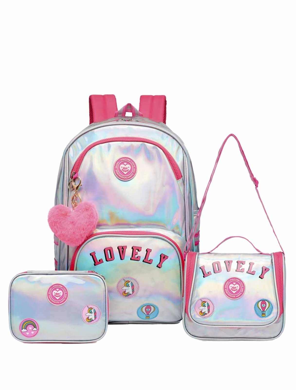 Kit Mochila Estojo Lancheira Polo One Escolar Holográfica Térmica Organizador Rosa