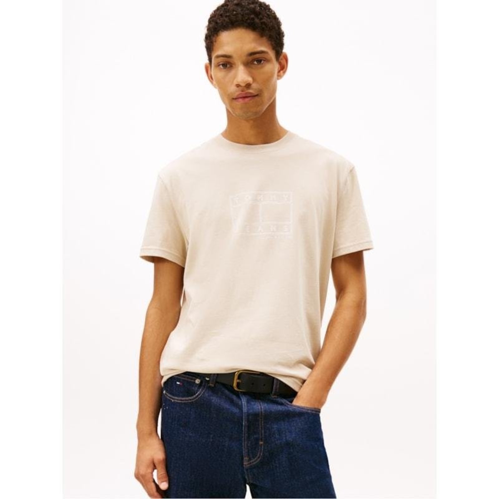 Camiseta de Gola Redonda com Estampa de Logo Bege