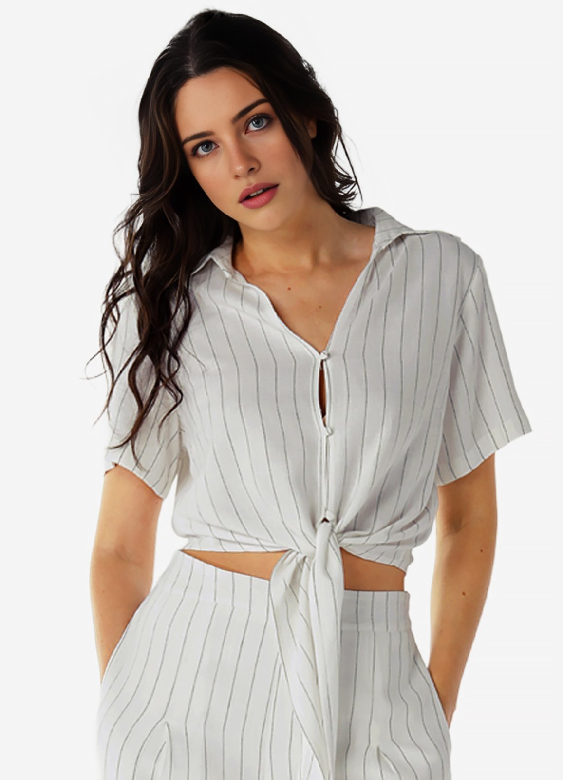 Blusa Branca de Linho Risca de Giz Manga Curta Bege