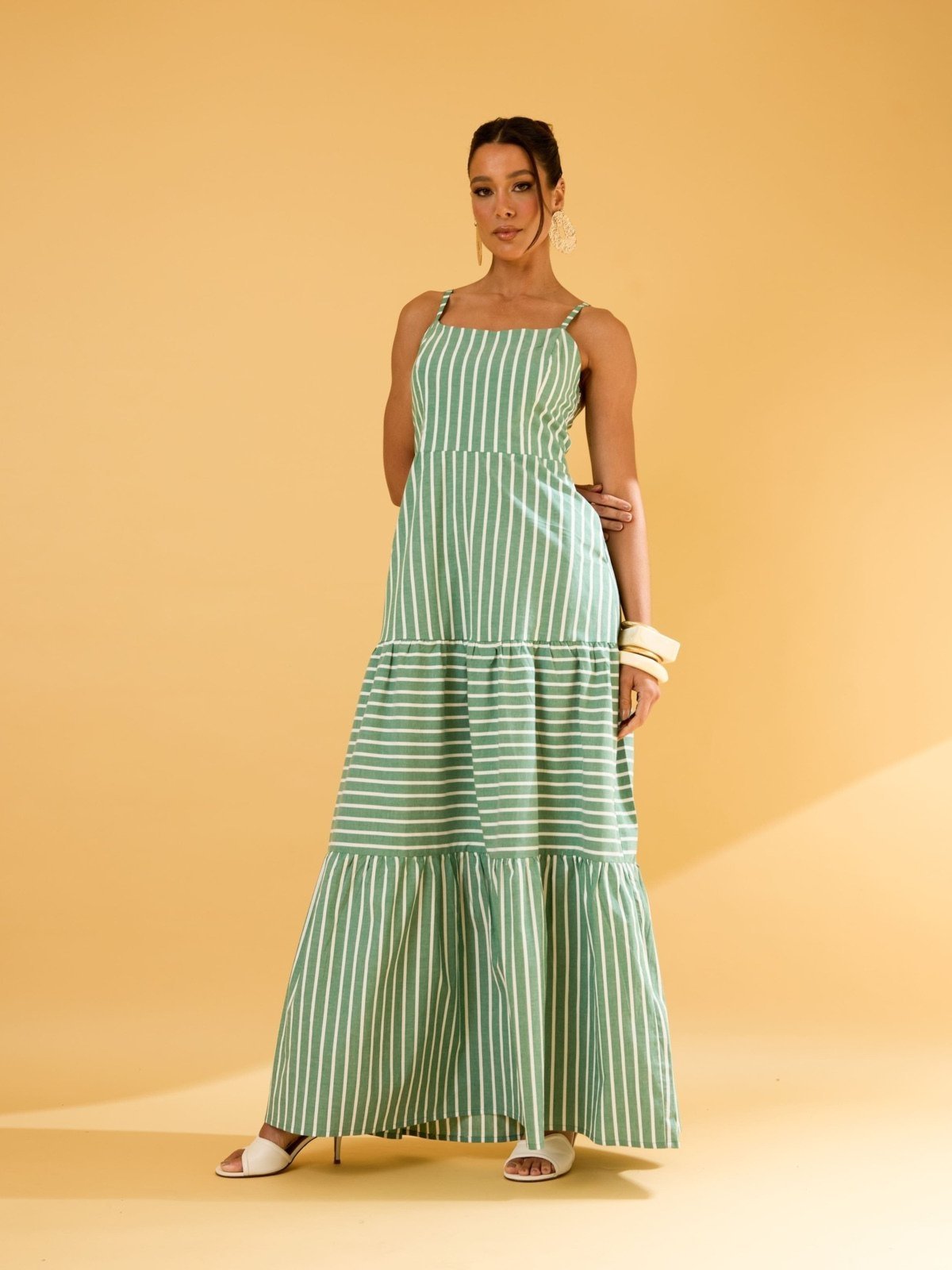 Vestido Longo De Alça Feminino Verde com Listras Lemier Collection