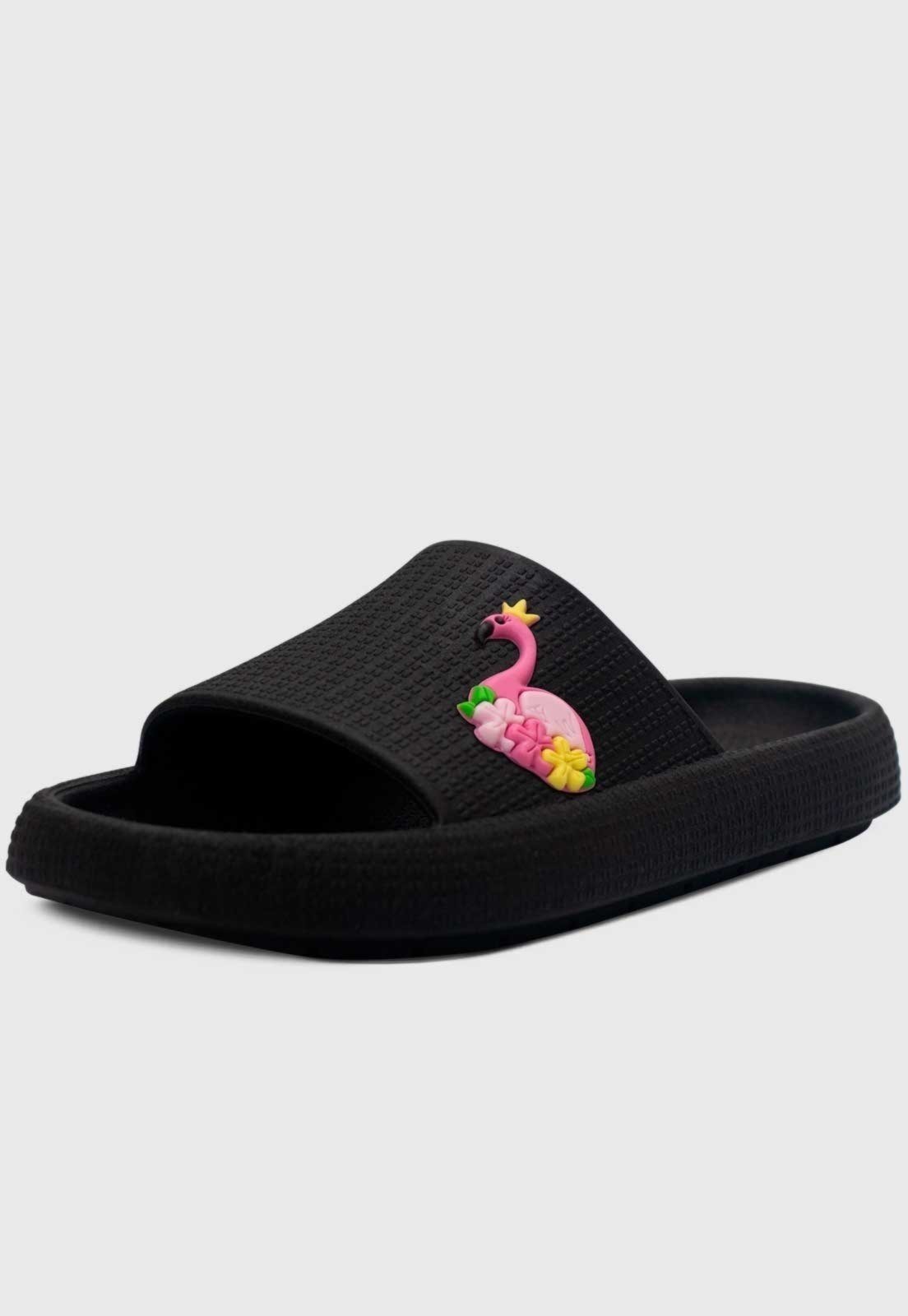 Infantil - Chinelo Nuvem Popidi Menina Flamingo Preto