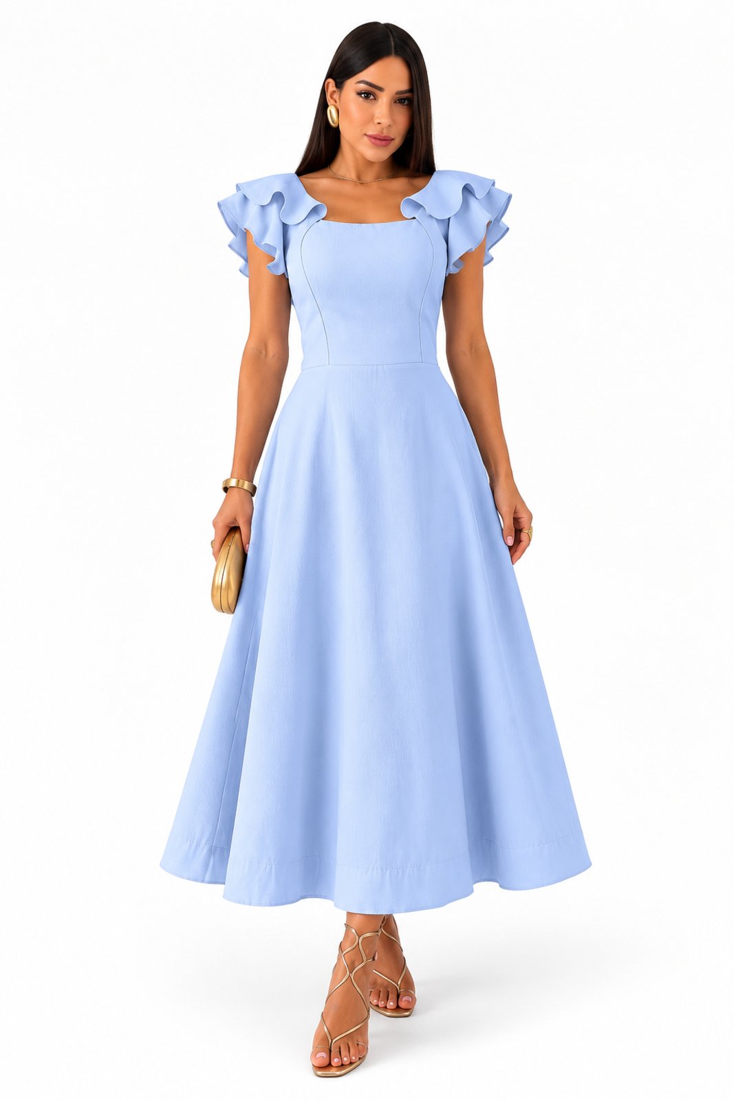 Vestido Midi D Bell Outlet Fashion Alfaiataria Marrant com Manga Babado Azul Claro