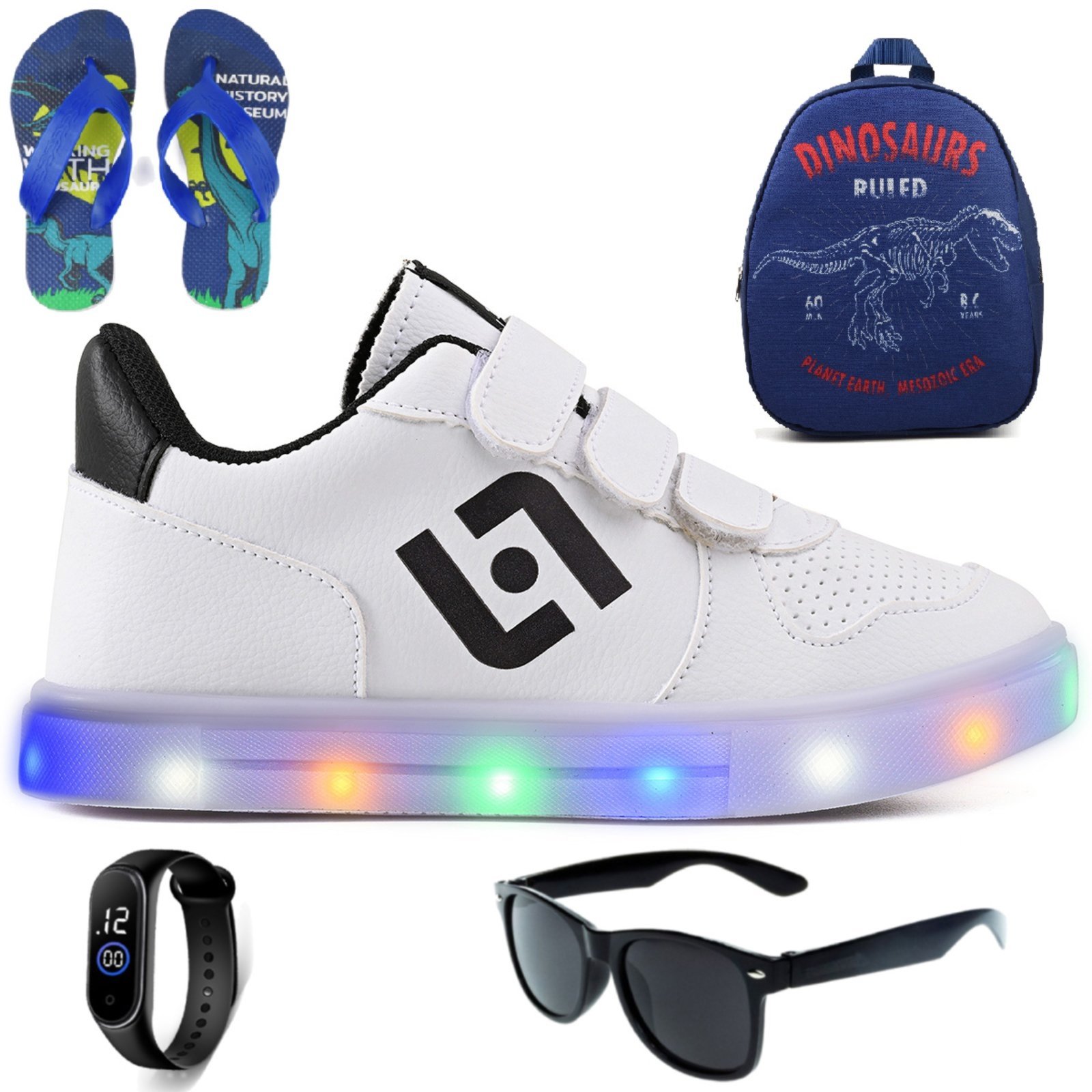 Infantil – Tenis de Led Casual Meninos Street Calce Facil Branco e Preto + Mochila Chinelo Oculos e Relogio