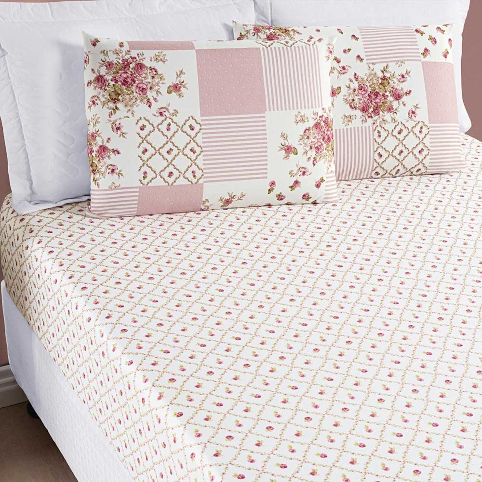 Jogo de Cama Lençol Casa Scarpa Dallas Solteiro Microfibra 2 Peças - Rosa Matura Patchwork