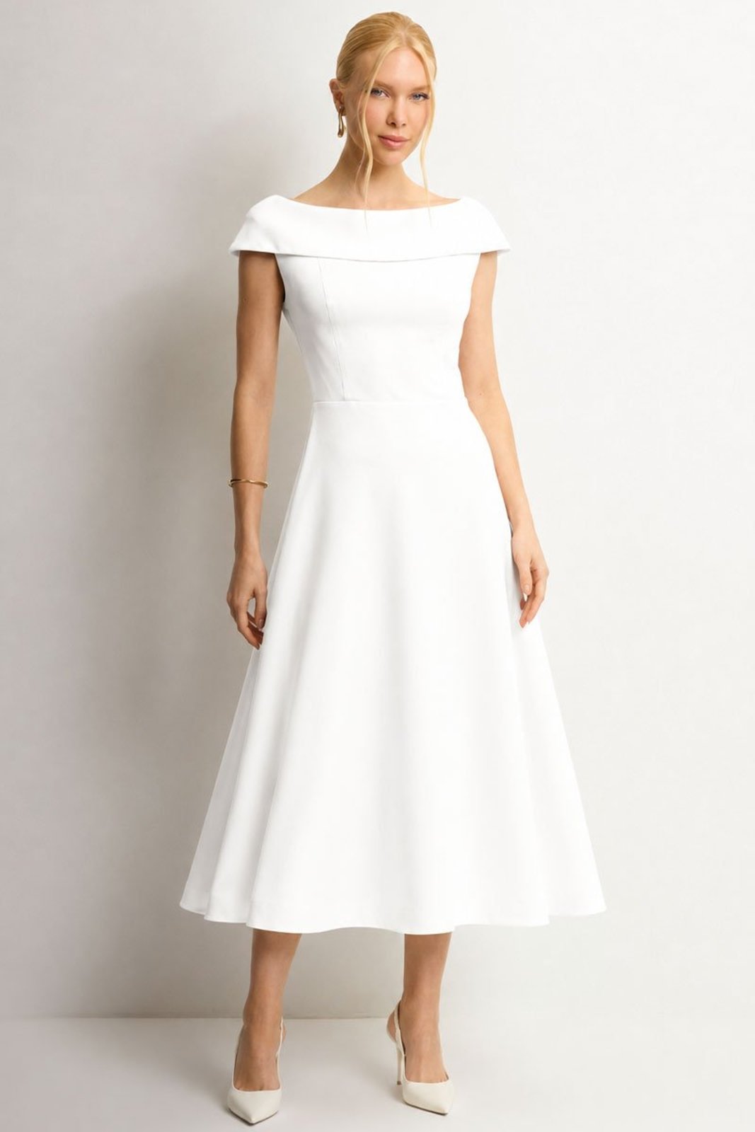 Vestido Midi Dara Rodado Casamento Civil Ombro a Ombro Off White