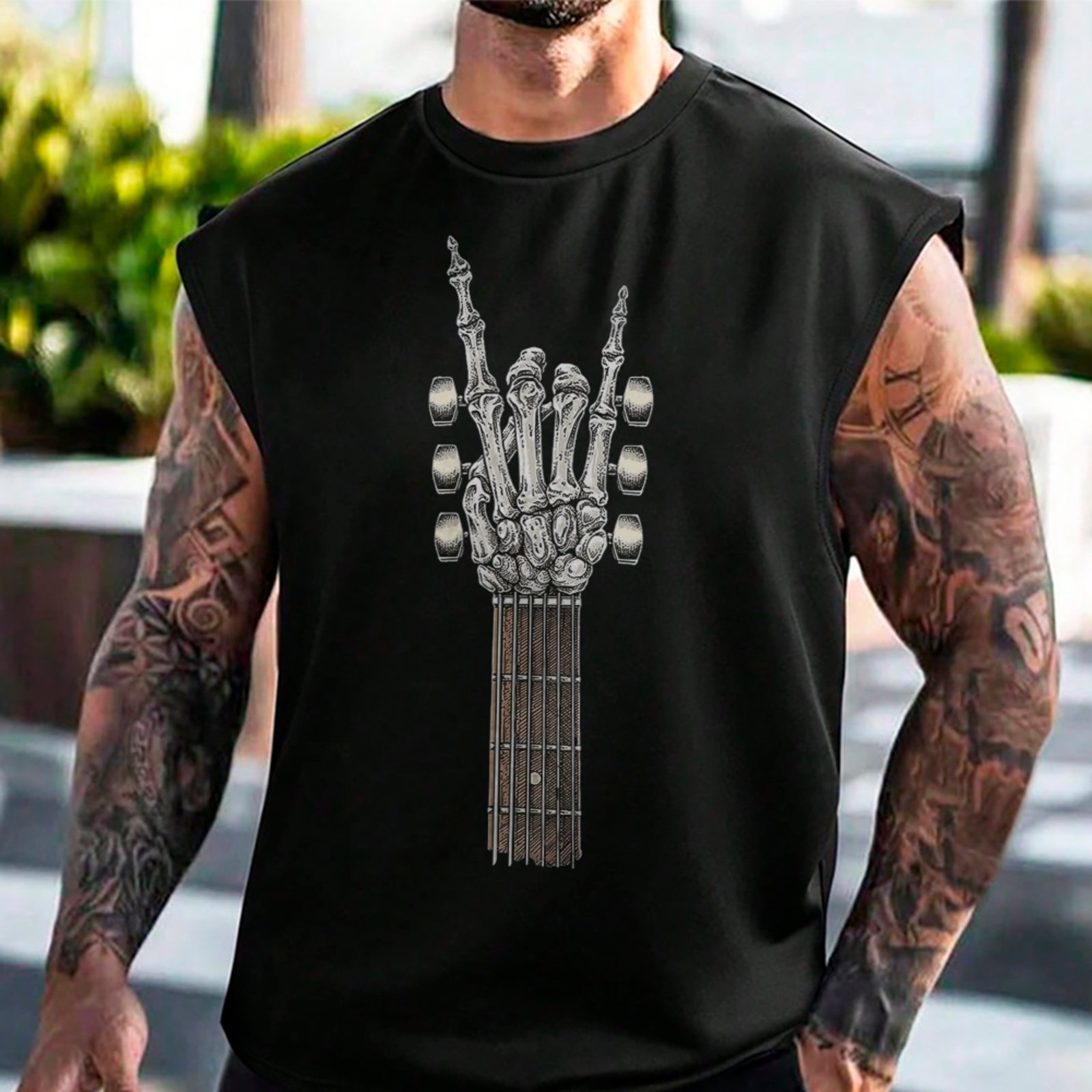 Camiseta Regata Machão Guitarra Caveira Rock Metal Preto