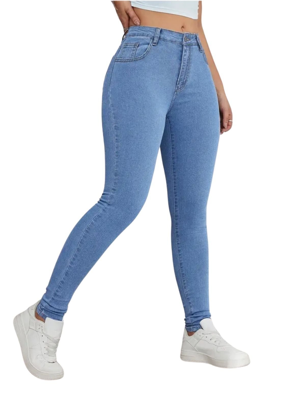Calça Jeans Feminina Premium Skinny Delave Azul Claro Cintura Alta com Elastano Lavagem Escura Premium