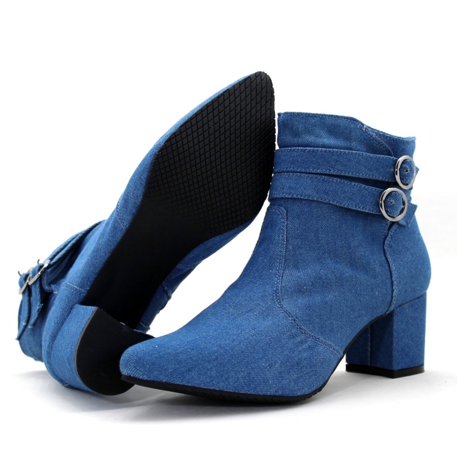 Botas Femininas Jeans Lirom Cano Curto Salto Grosso Bico Fino