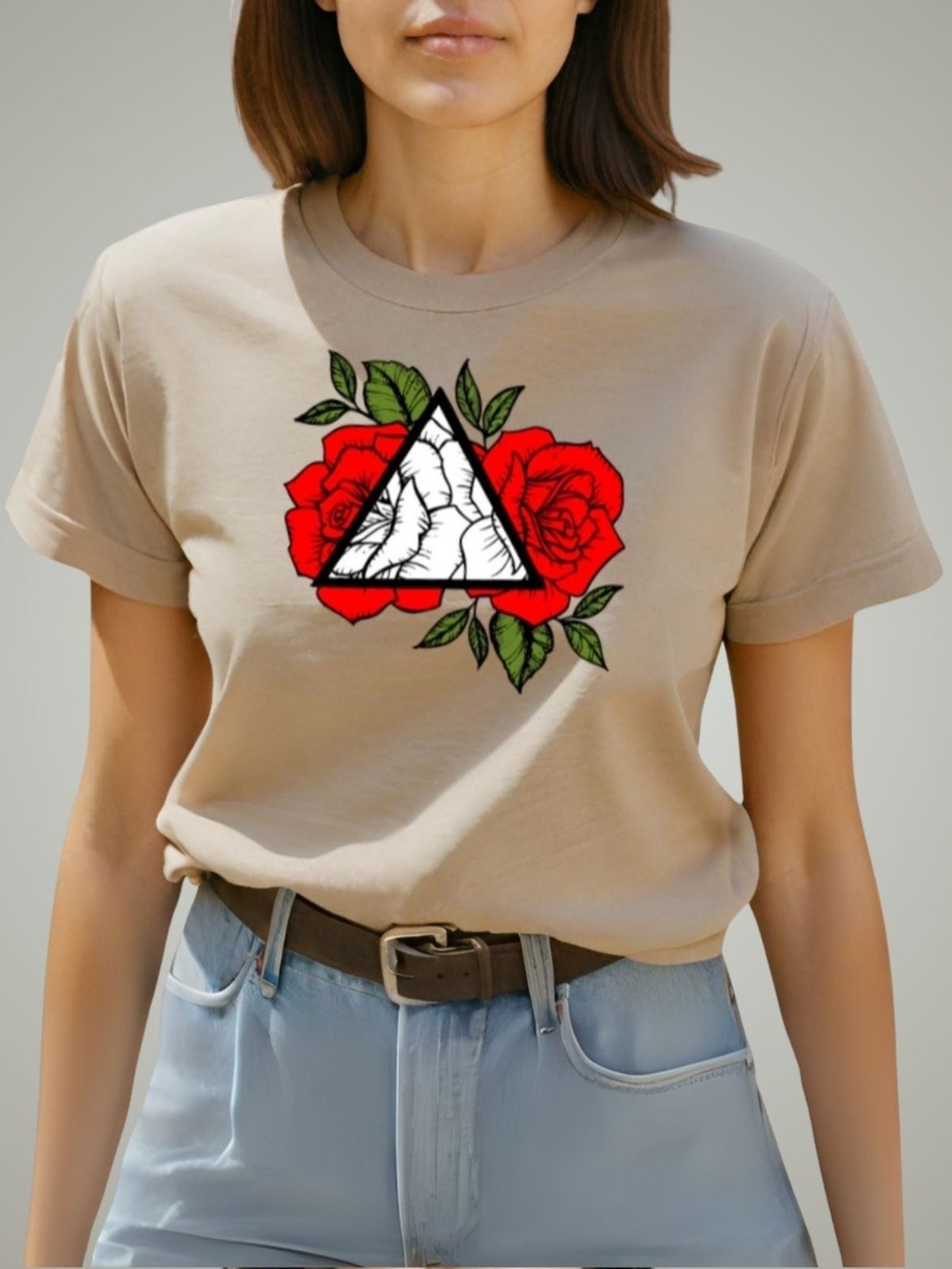 Vista 2 Camiseta Feminina T-shirt GuGi Rosas Vermelhas Camisa Caqui marrom caqui Gugi marrom caqui
