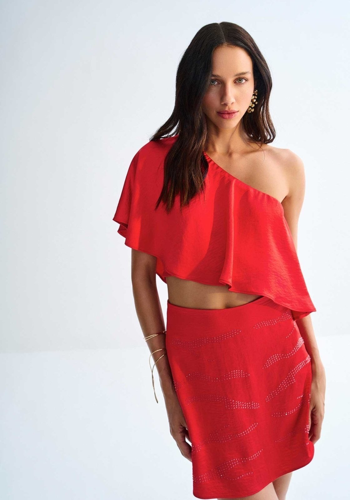 Vista 3 Blusa Cropped Um Ombro Só com Babado Sobreposto Lez a Lez vermelho Lez a Lez vermelho