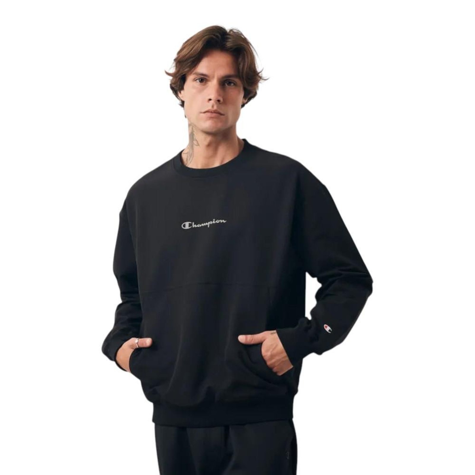 Moletom Champion Crewneck Com Bolso Masculino Preto