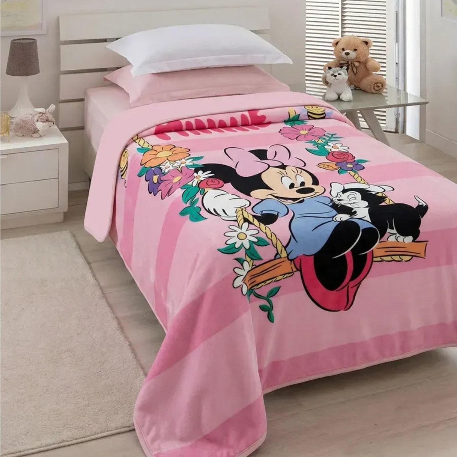 Cobertor Solteiro Jolitex Microfibra Minnie Raschel Rosa