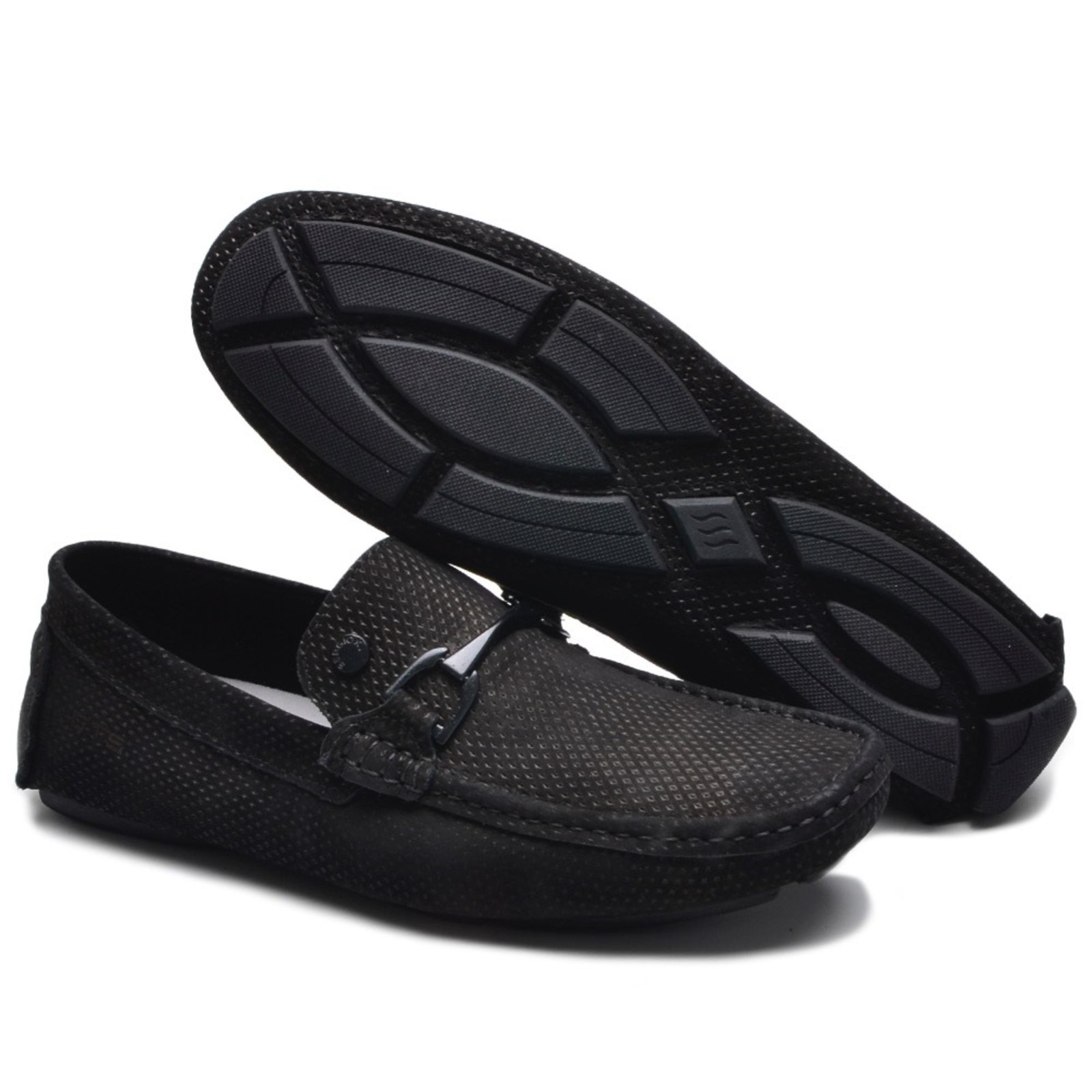Mocassim Drive Couro Masculino Costurado À Mão Pontilhado Casual Macio Confortável Preto