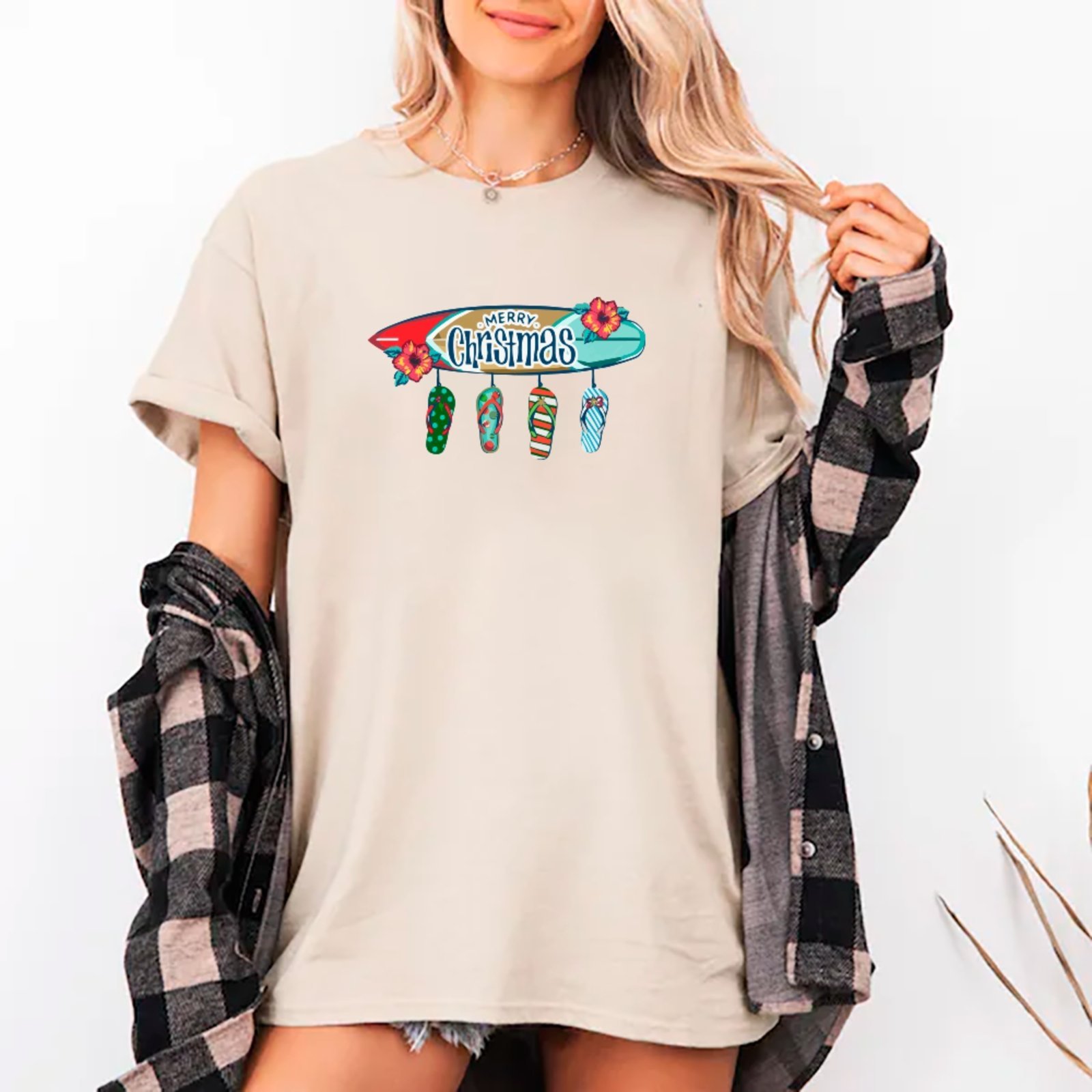 Vista 2 Camiseta Ousy Oversized Natal Merry Christmas Verão Unissex Off White off-white white ousy off-white white