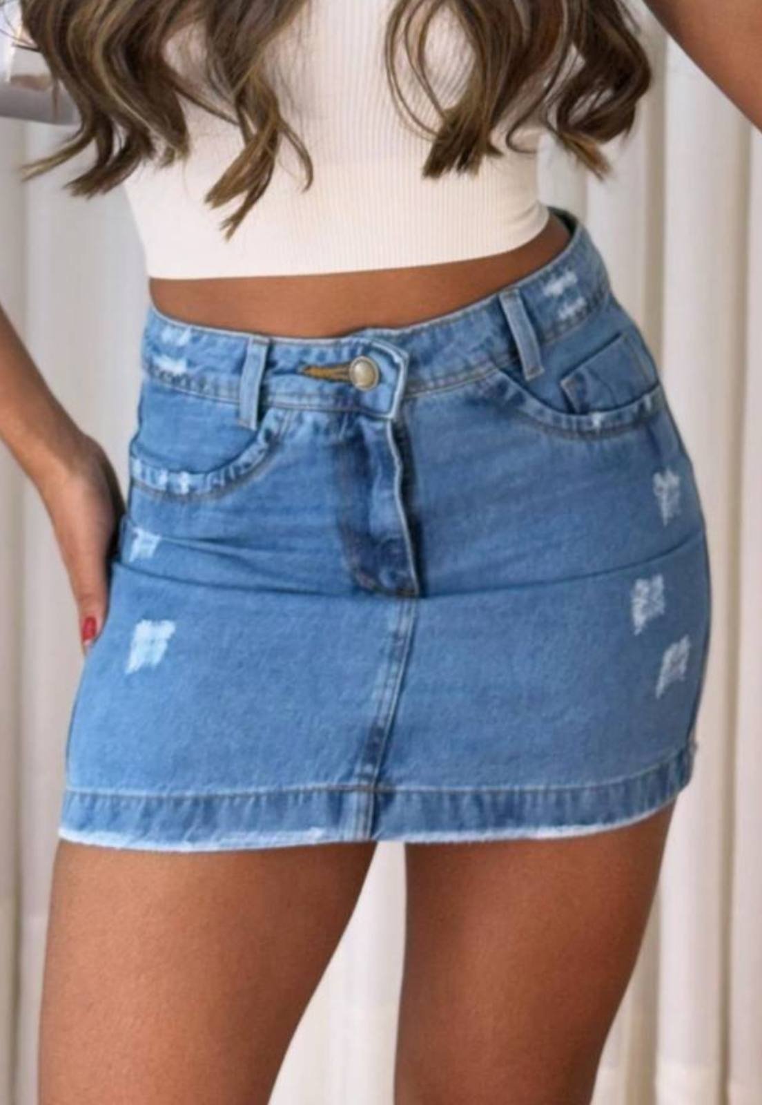 Saia Feminina Yellow Jeans Cintura Alta Barra Estilosa Lavagem Clara