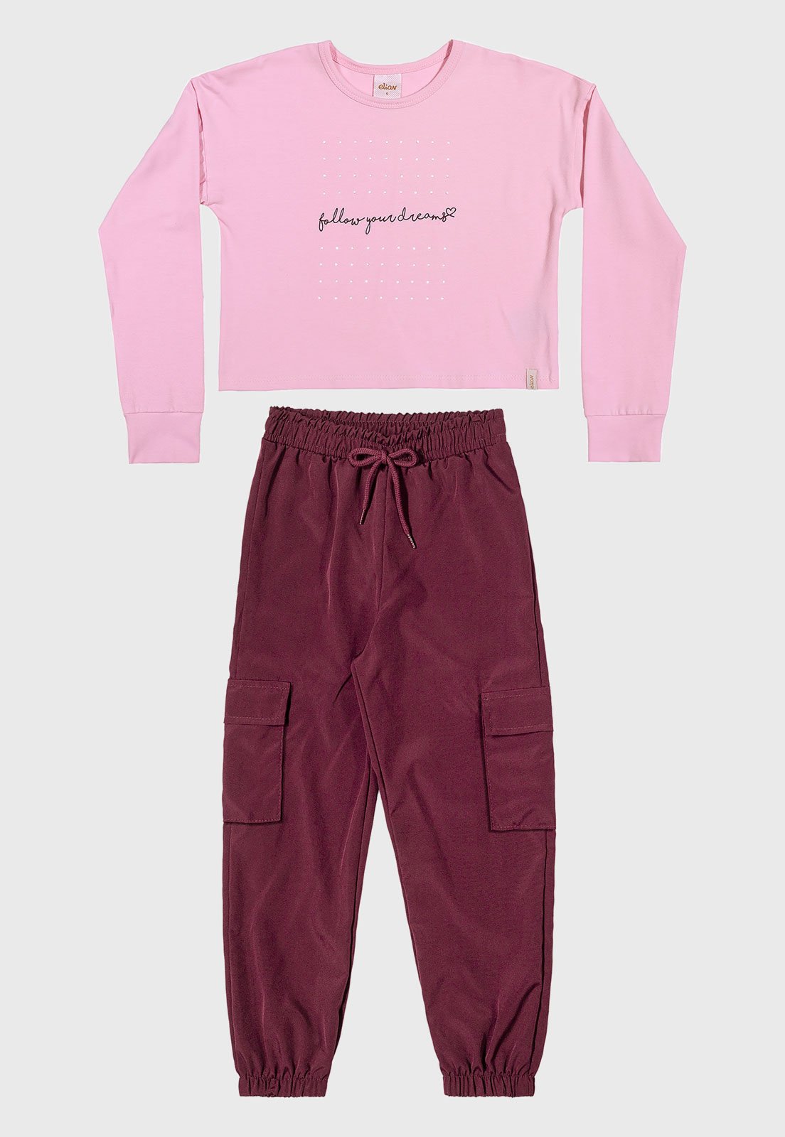 Infantil - Conjunto Elian Blusa Cropped Follow Your Dreams Rosa e Calça Vinho