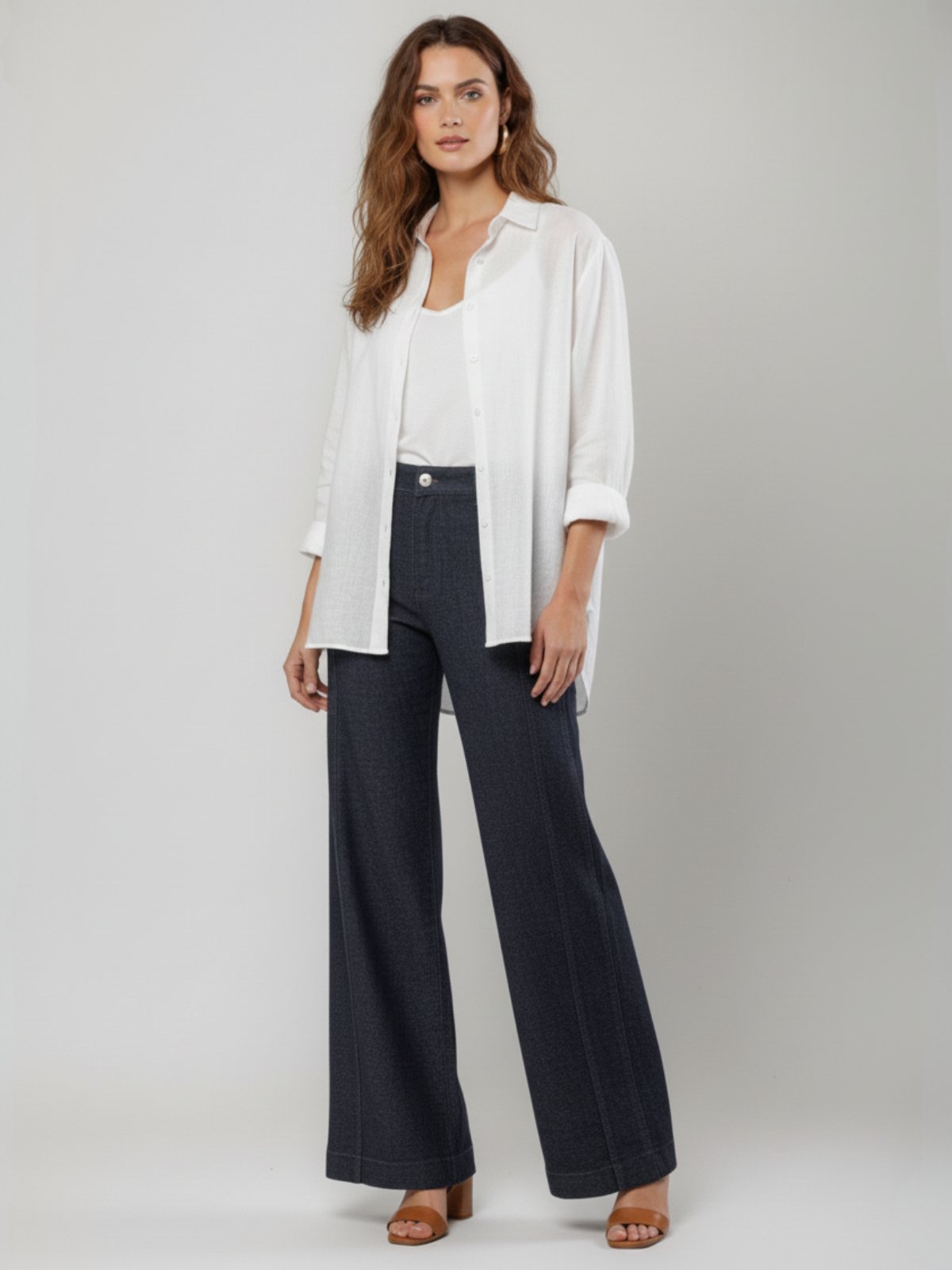 Calça Max Pantalona Feminina Sarja- Longa Ampla Alta Moderna