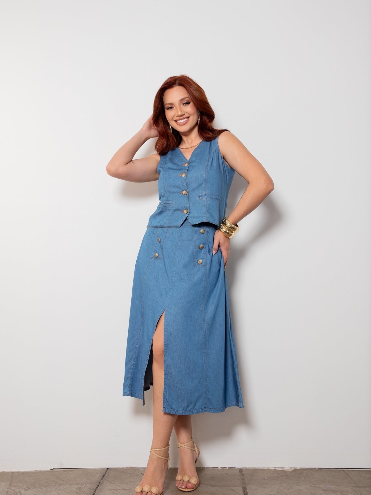 Saia Midi Novah Store Fenda Frontal Jeans Azul