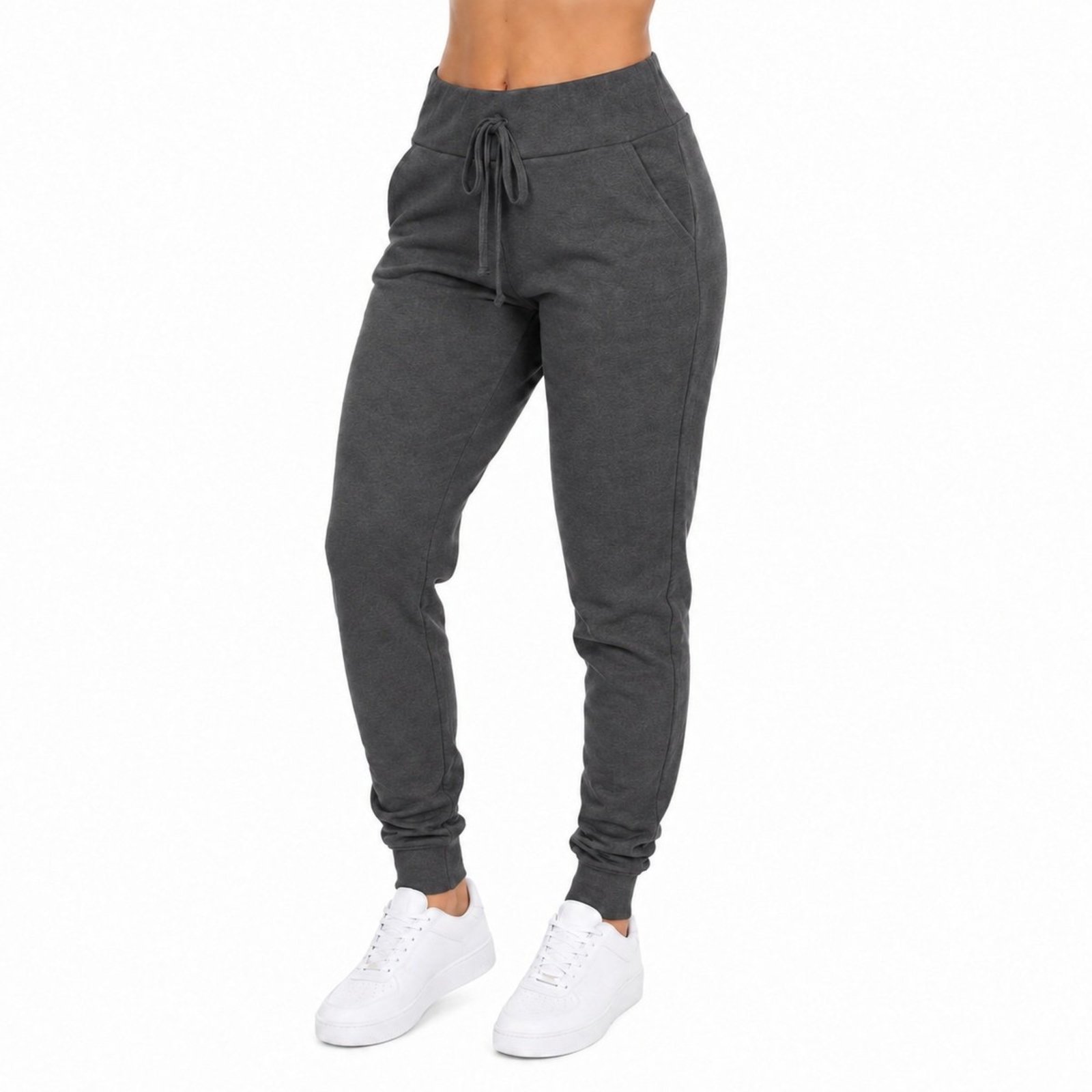 Calça Feminina Moletom Jogger Chumbo com Bolsos e Cordão