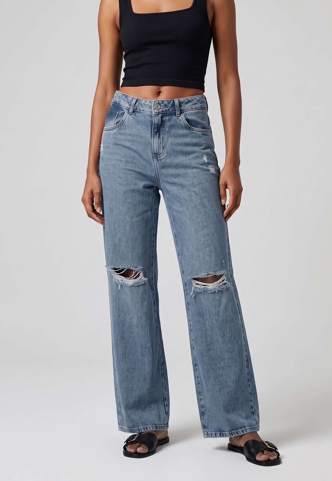 Calça Jeans Sawary Cintura Alta Wide Leg Azul Claro