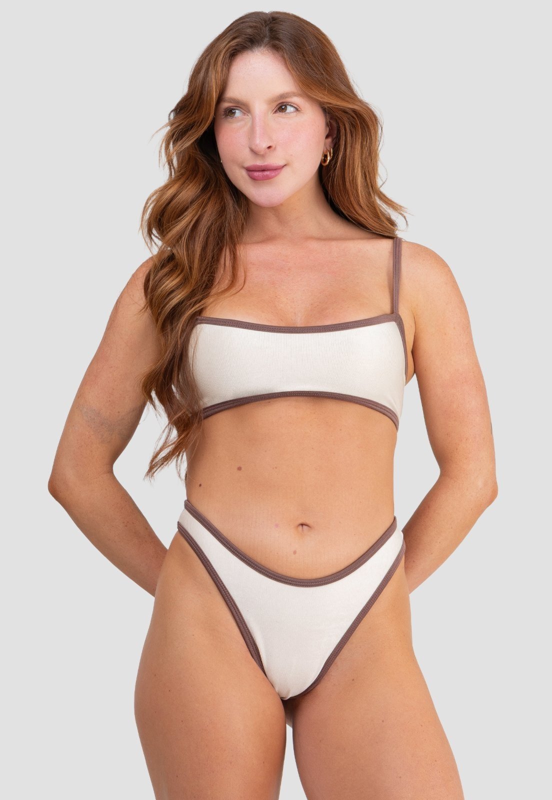 Biquini Feminino Mood Modas Regata Canelado Asa Delta Moda Praia Verão 340 Creme/Marrom