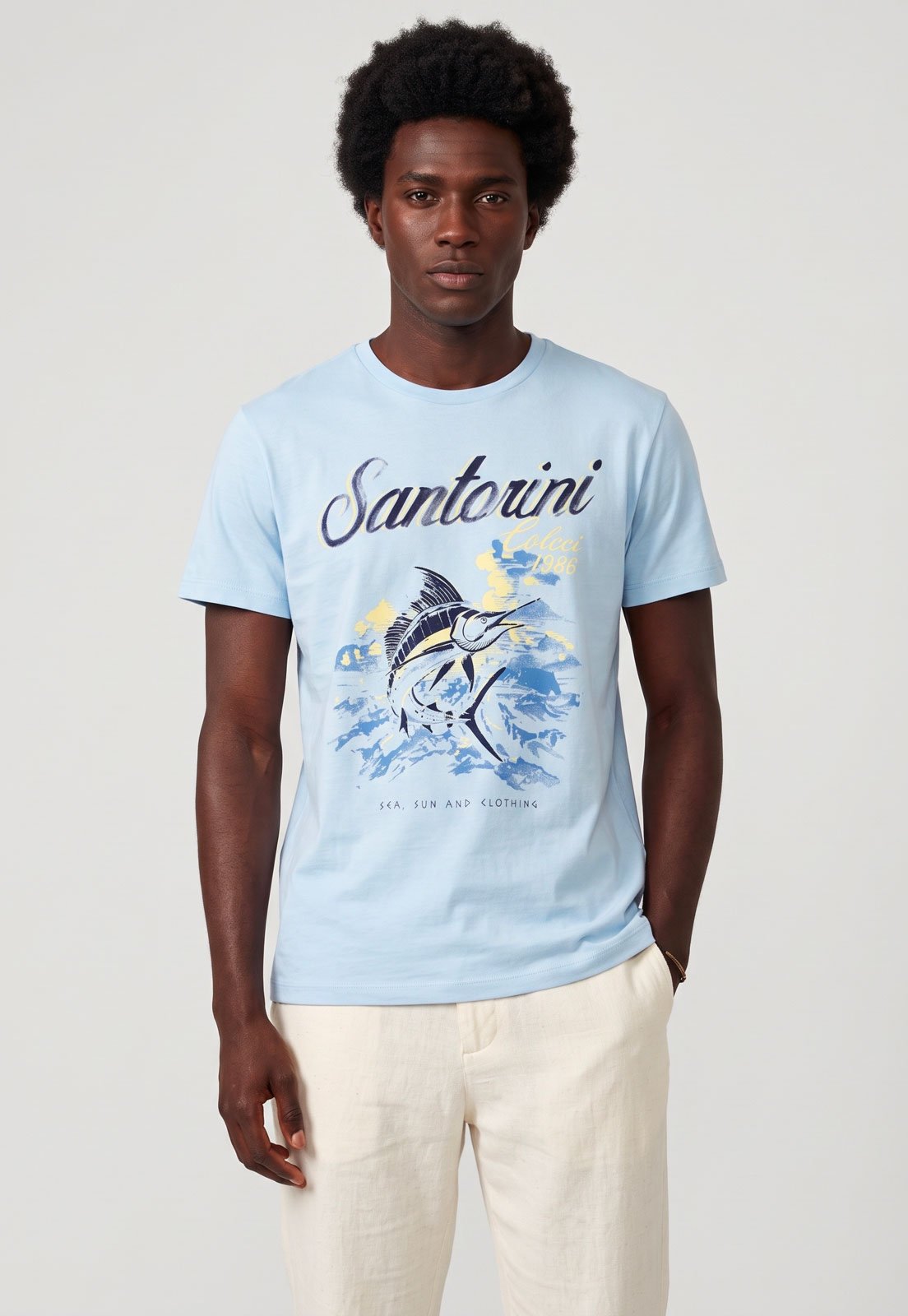 Camiseta Masculina Colcci Estampa Santorini Azul Claro