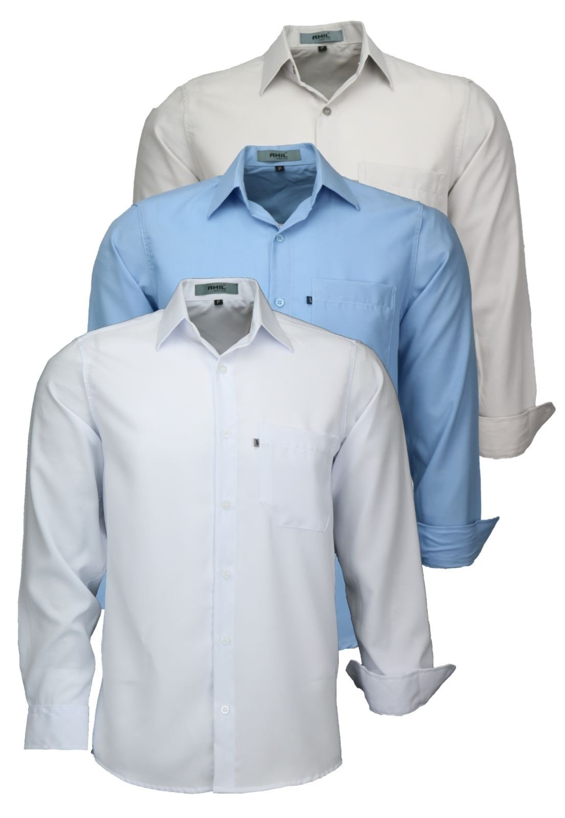 Kit 3 Camisas Manga Longa Poléster Clássica 832 Azul BB, Branco e Prata