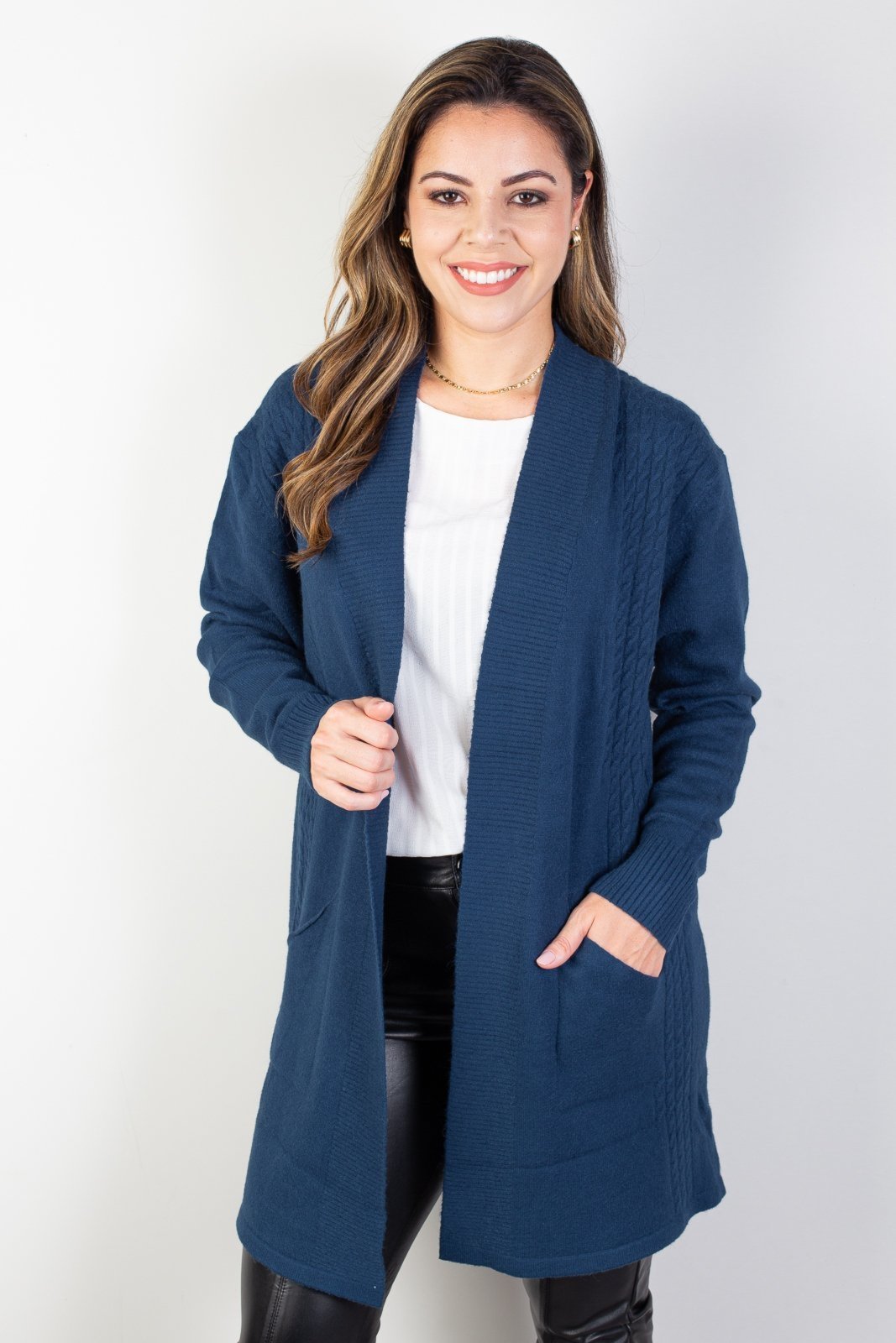Vista 2 Cardigan alongado feminino com bolsos 81131 Enluaze azul marinho Enluaze azul marinho