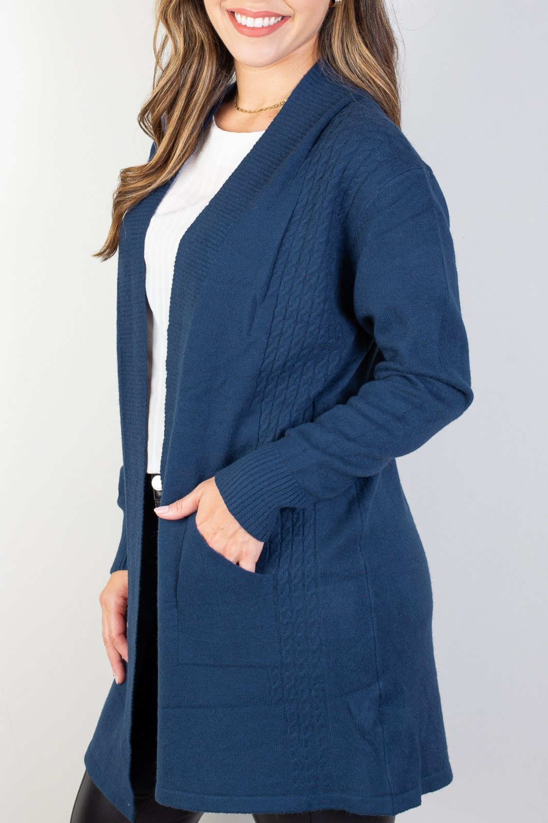 Vista 3 Cardigan alongado feminino com bolsos 81131 Enluaze azul marinho Enluaze azul marinho