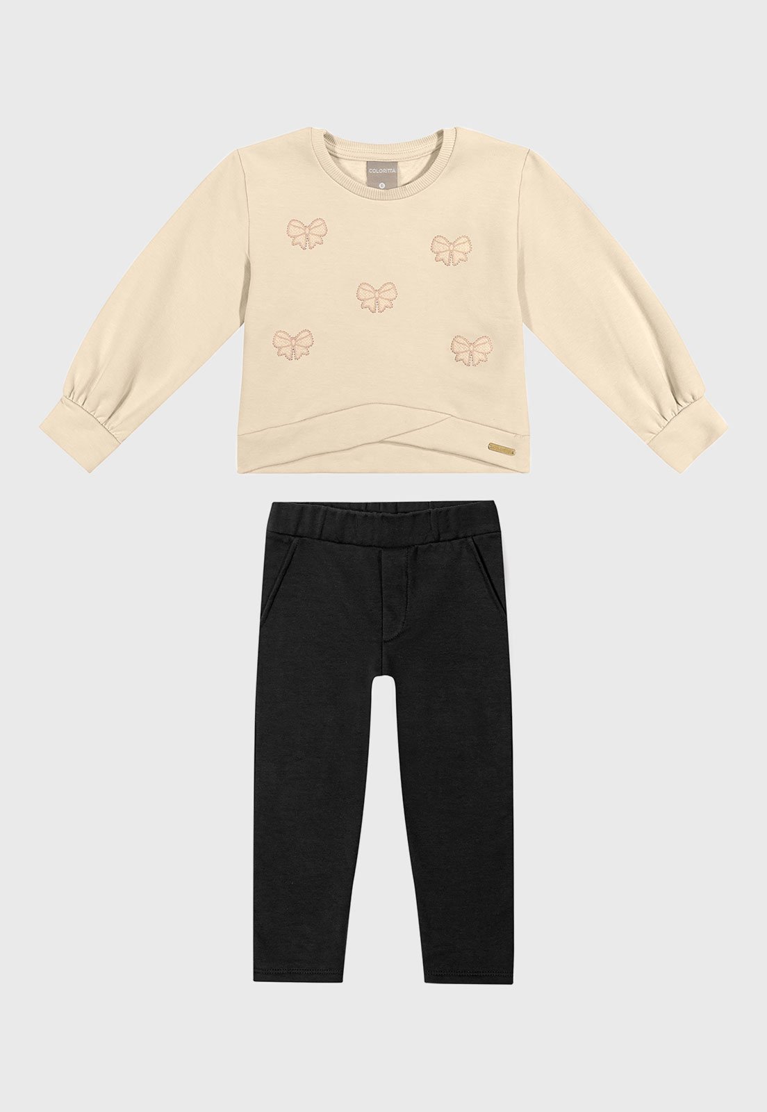 Infantil - Conjunto Coloritta Blusa e Calça Laços Bege