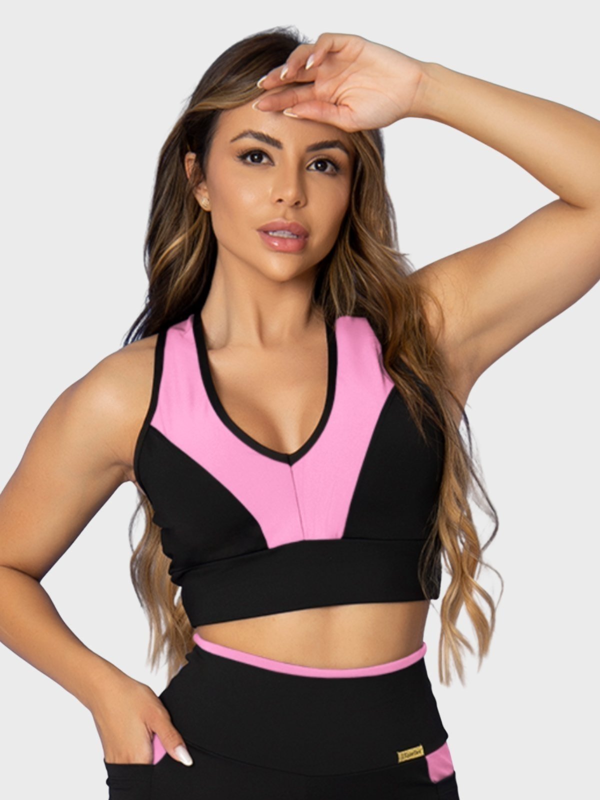 Top Fitness Tarelles Alça Larga Cropped Forrado Preto e Rosa Claro
