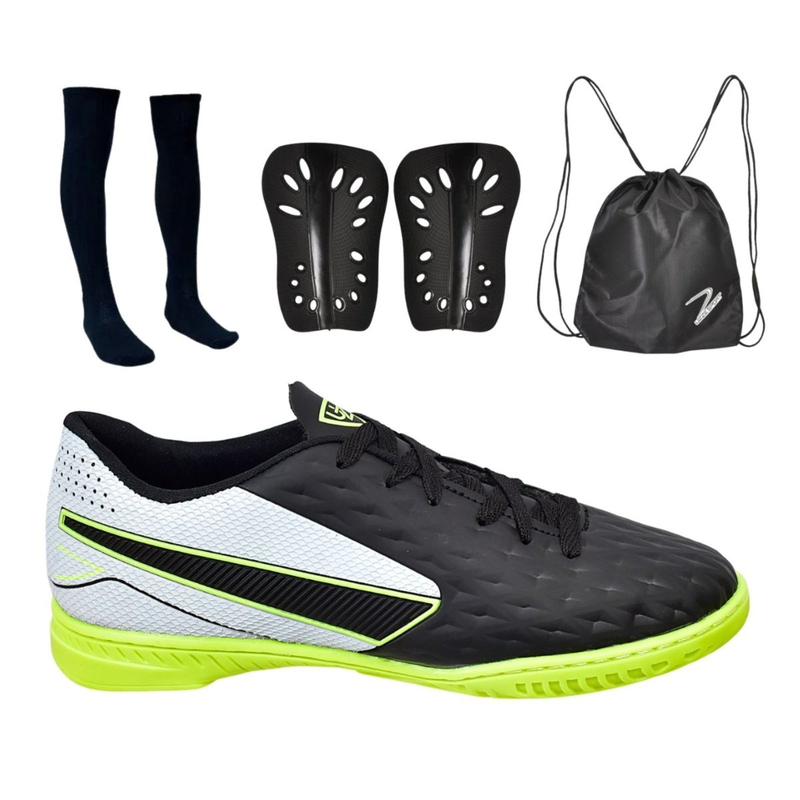 Vista 2 Chuteira Futsal Impactor Salão Uzze Costurada + Meião + Caneleira + Mochila Branco Uzze Sport preto Uzze Sport preto