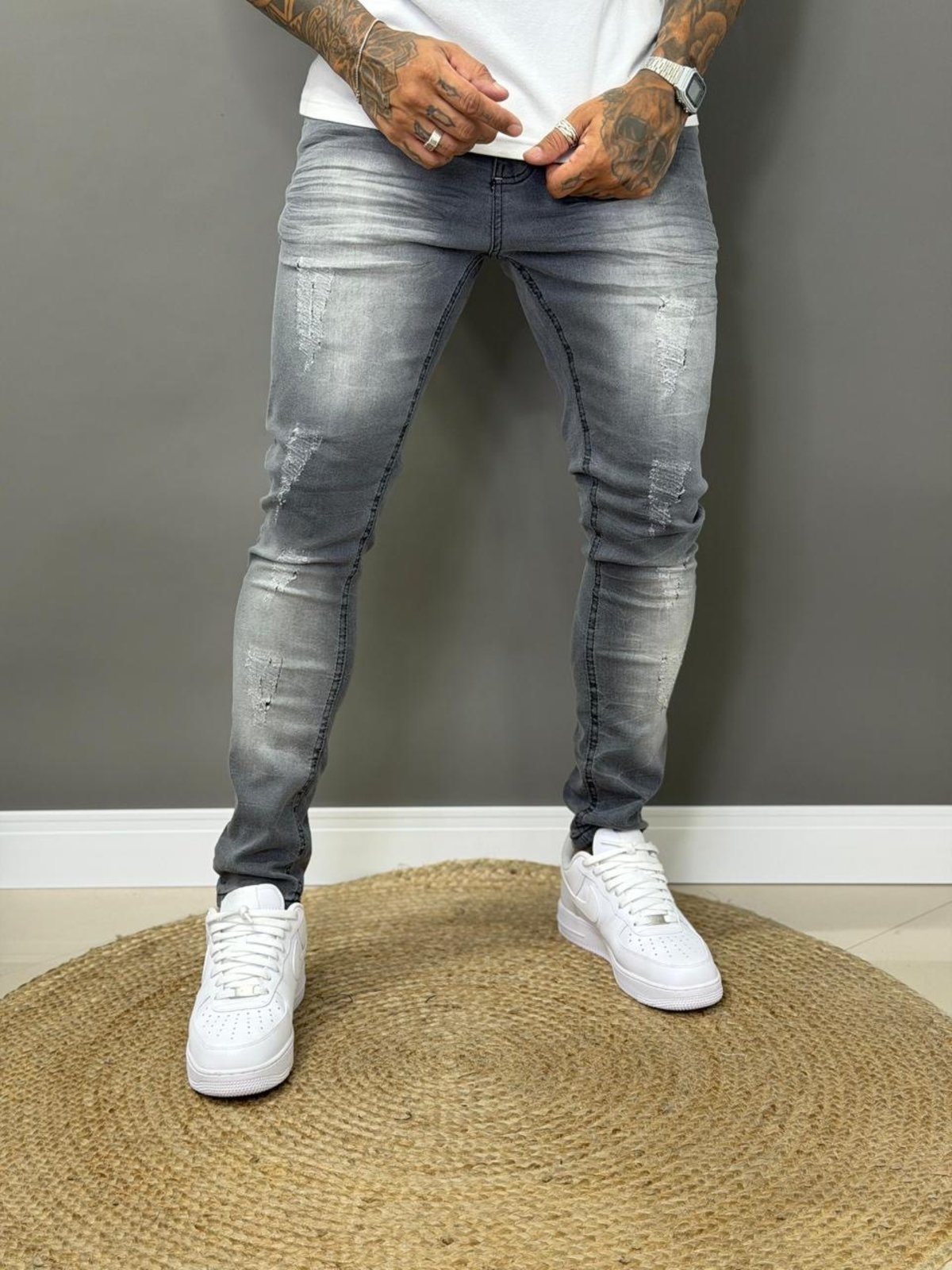 Calça Jeans Puido Qr Code Jeans Jogador Masculina Básica Casual Cinza