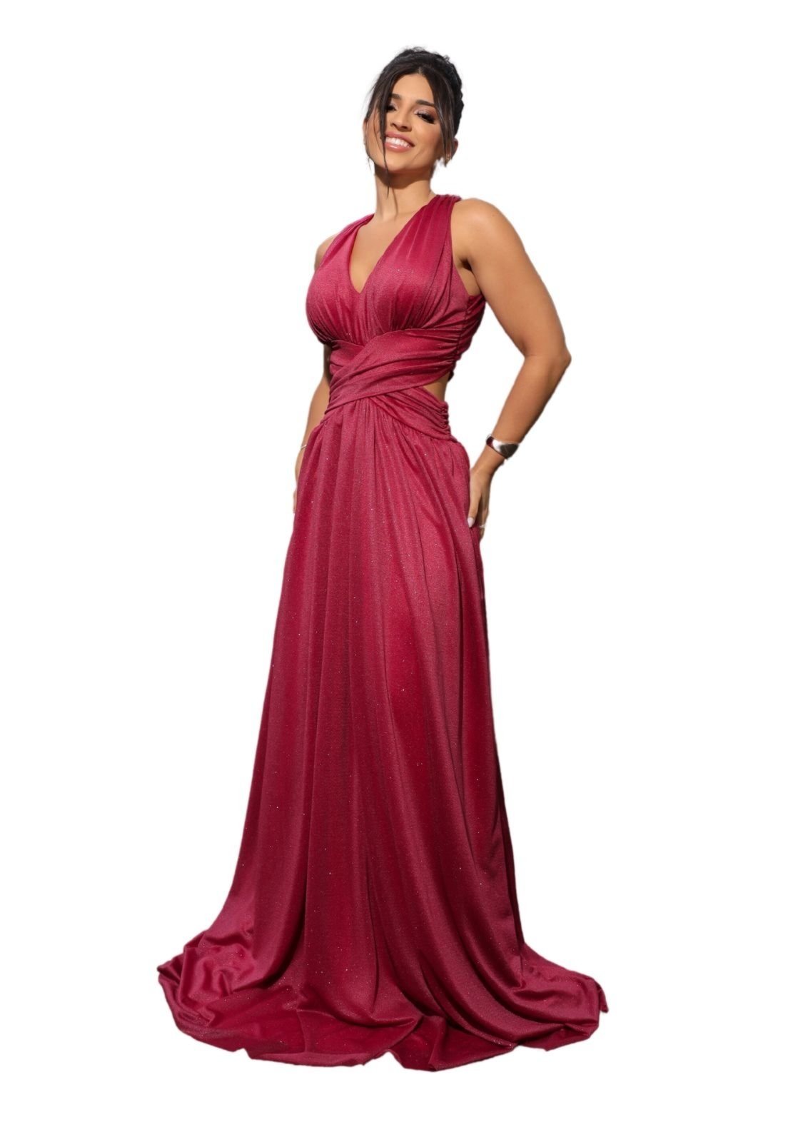 Vestido Longo de Festa Micro Tule com Brilho decote em V Abertura Lateral Camille Pink