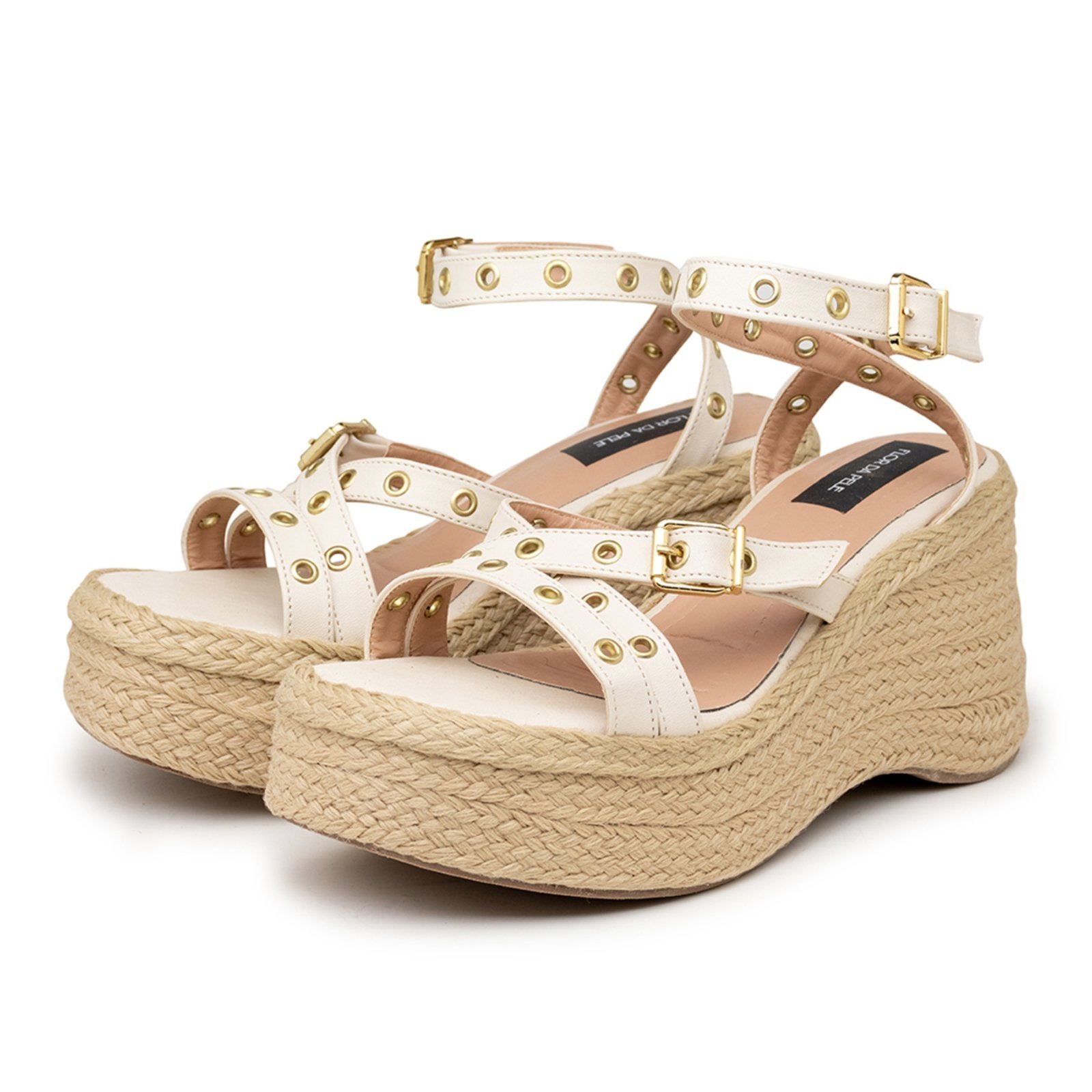 Sandália Feminina Anabela Plataforma Tiras Ilhós 9101 Off Off White