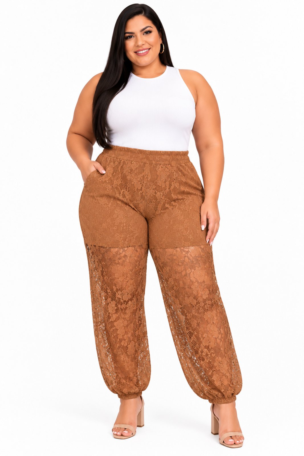 Calça Plus Size D Bell Outlet Fashion Renda Elegance Caramelo