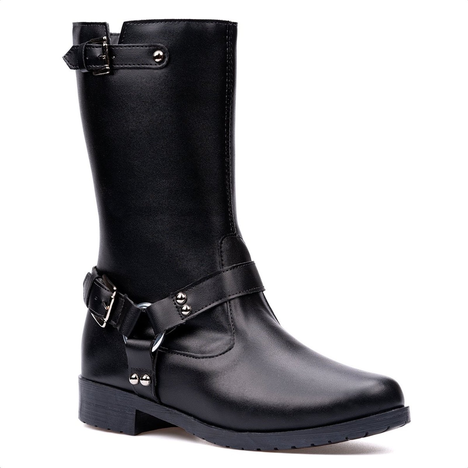 Bota Feminina Biker Tiras Fivelas Cano Médio Tendência Moda