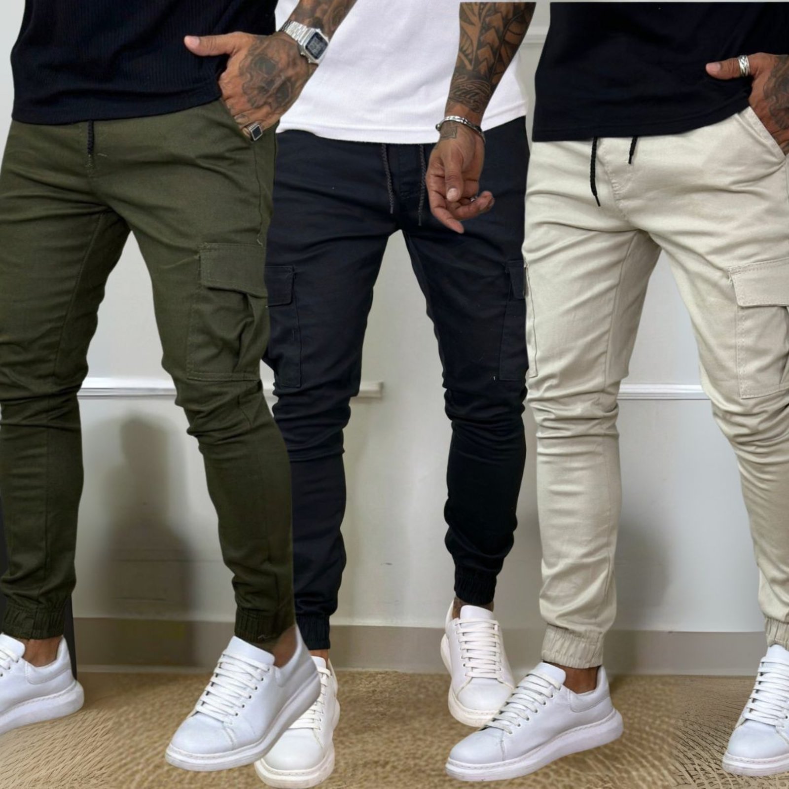 Kit 3 Calça Jogger Cargo Masculina Off White Preto e Verde Linha Premium 100% Algodão