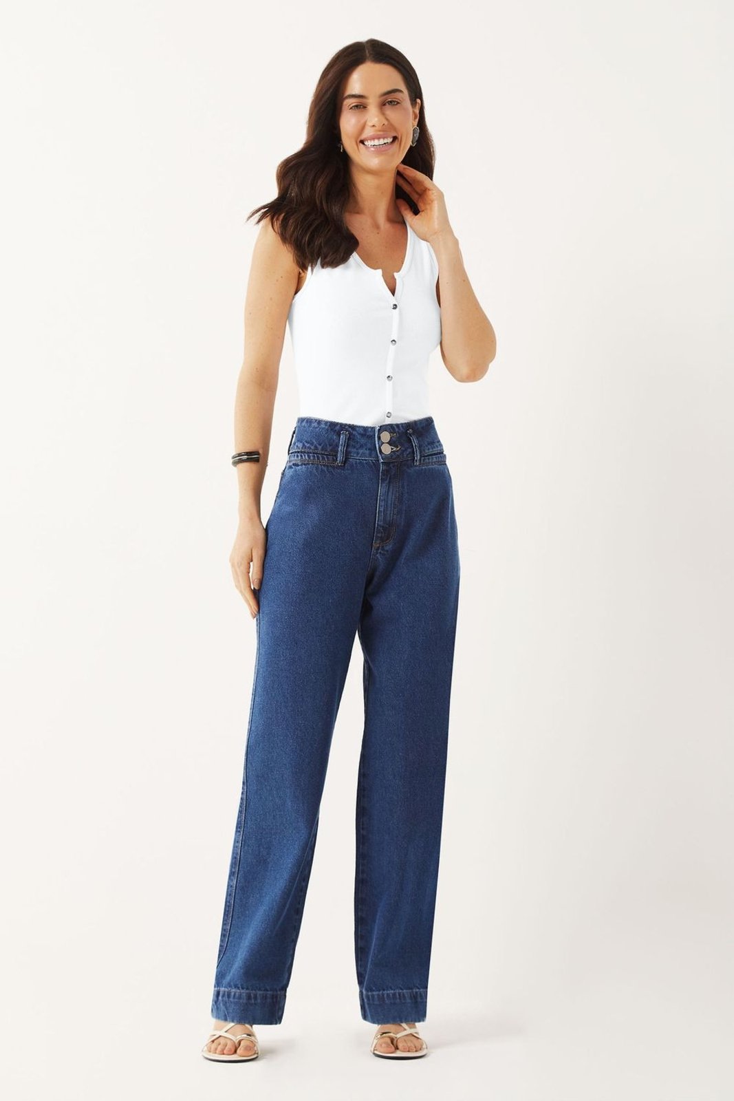 Calça Feminina Jeans Reta Botão Duplo Marialícia Azul