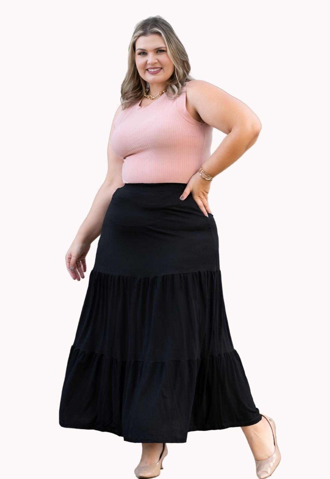 Saia Longa Plus Size Três Marias Babado Feminina Juquitiba Brasil Preto