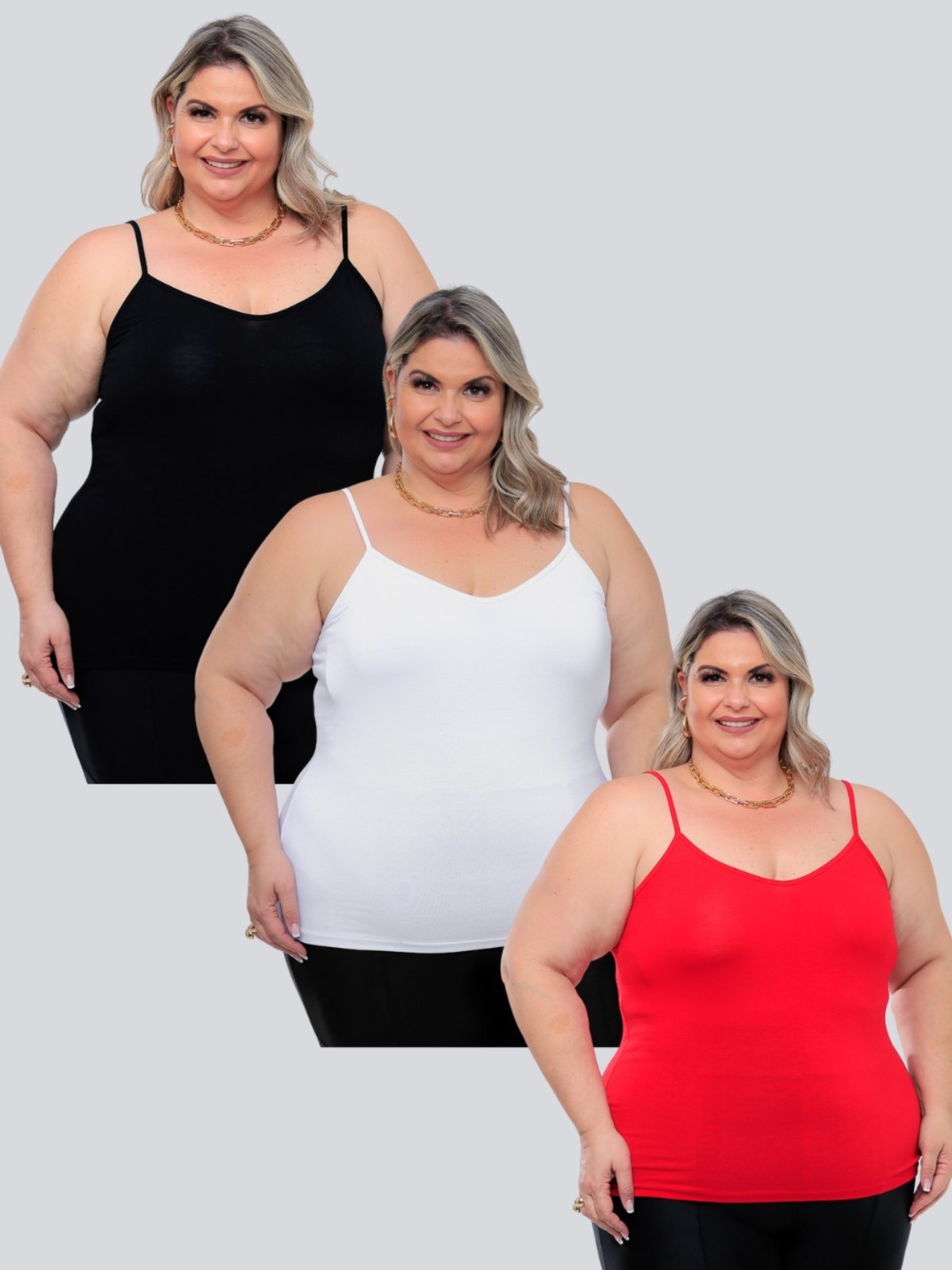 Kit 3 Peças Regata Plus Size Feminina Básica Viscolycra Alcinha Fina Leve estilo Casual GARAIS MODA moda Verão Preto Branco Vermelho